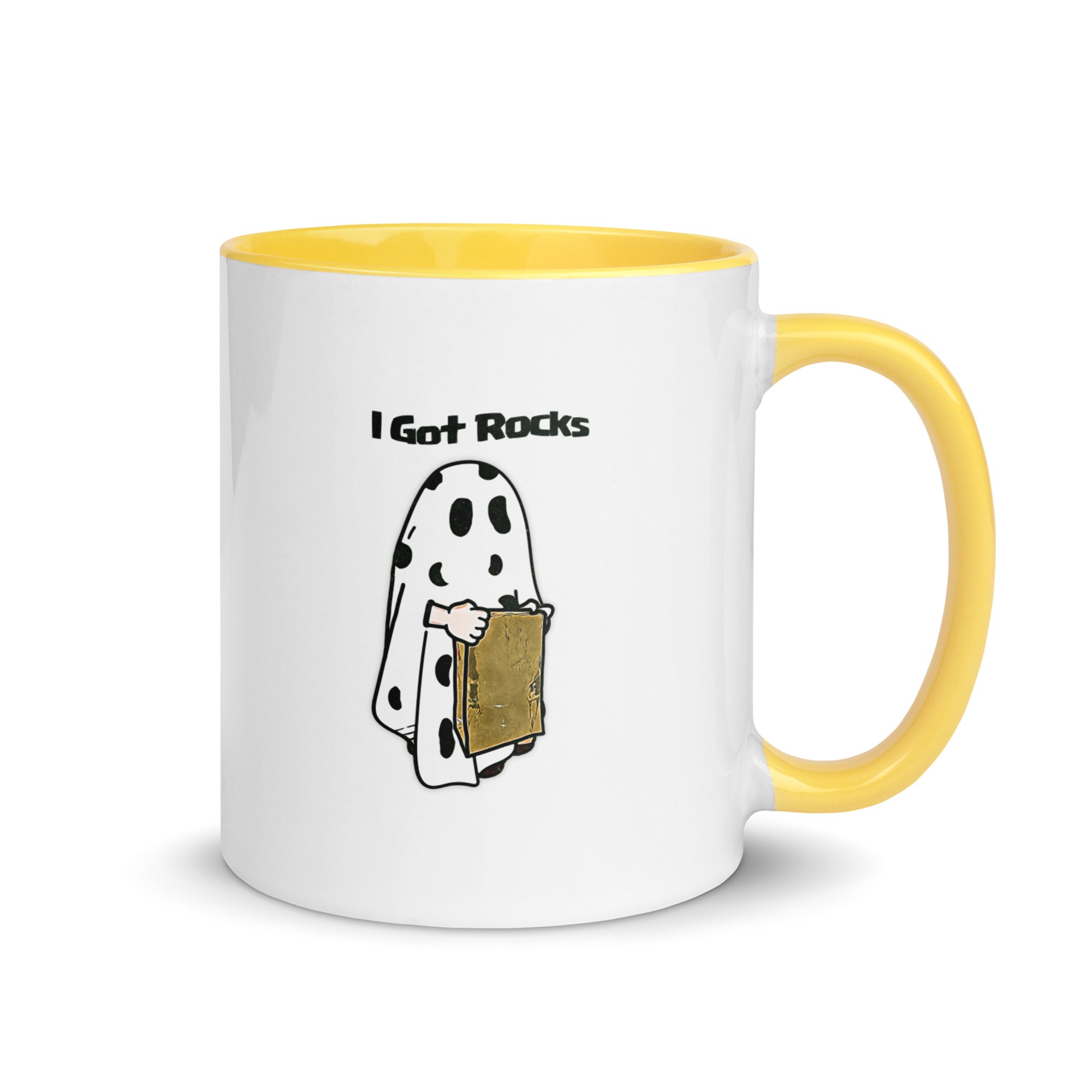 a white and yellow coffee mug with a dalmatian holding a box
