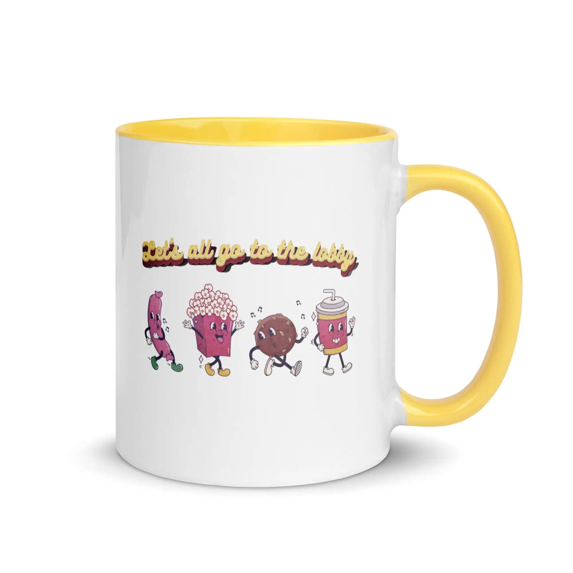 a yellow and white coffee mug with a cartoon character on it