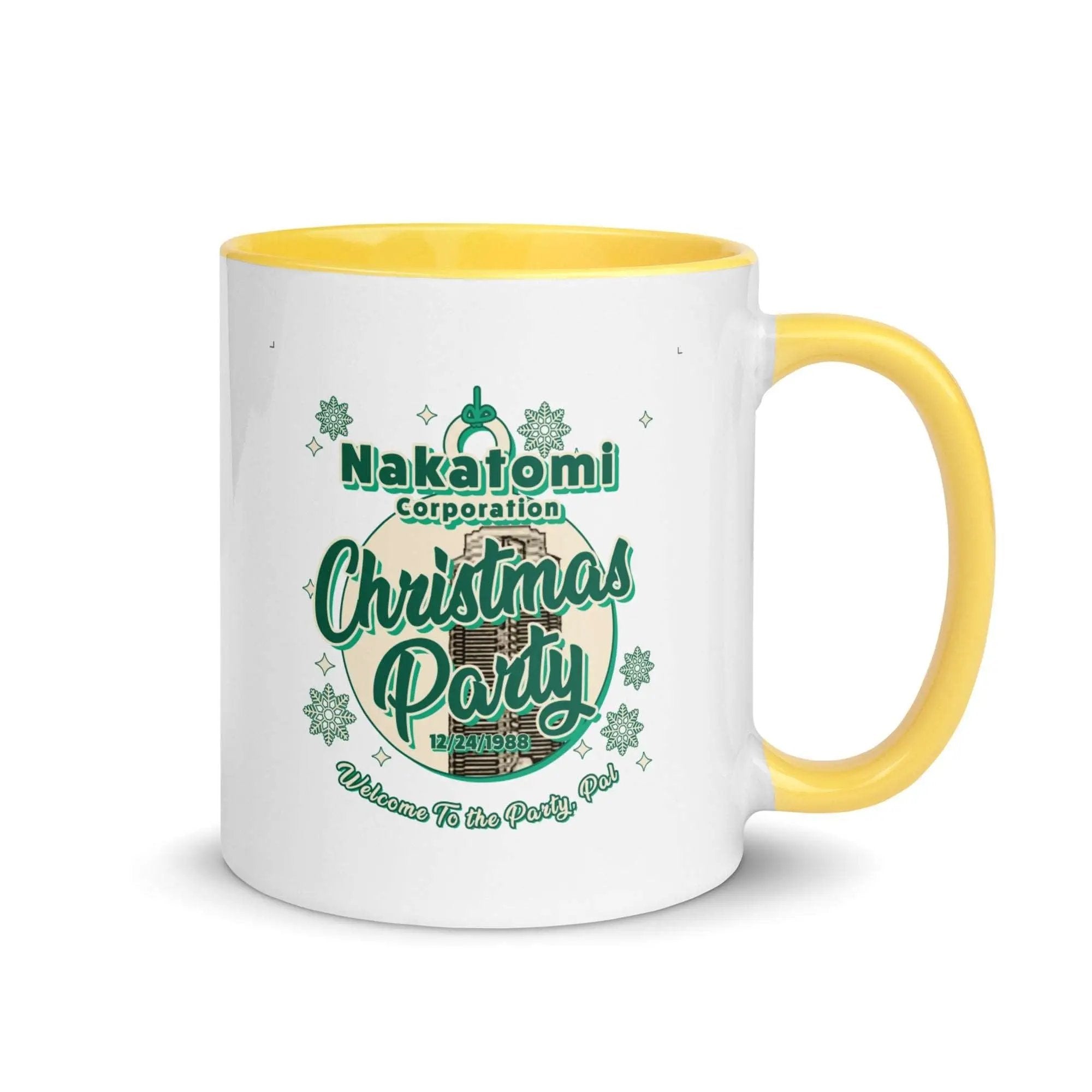 a white and yellow coffee mug with a christmas party on it