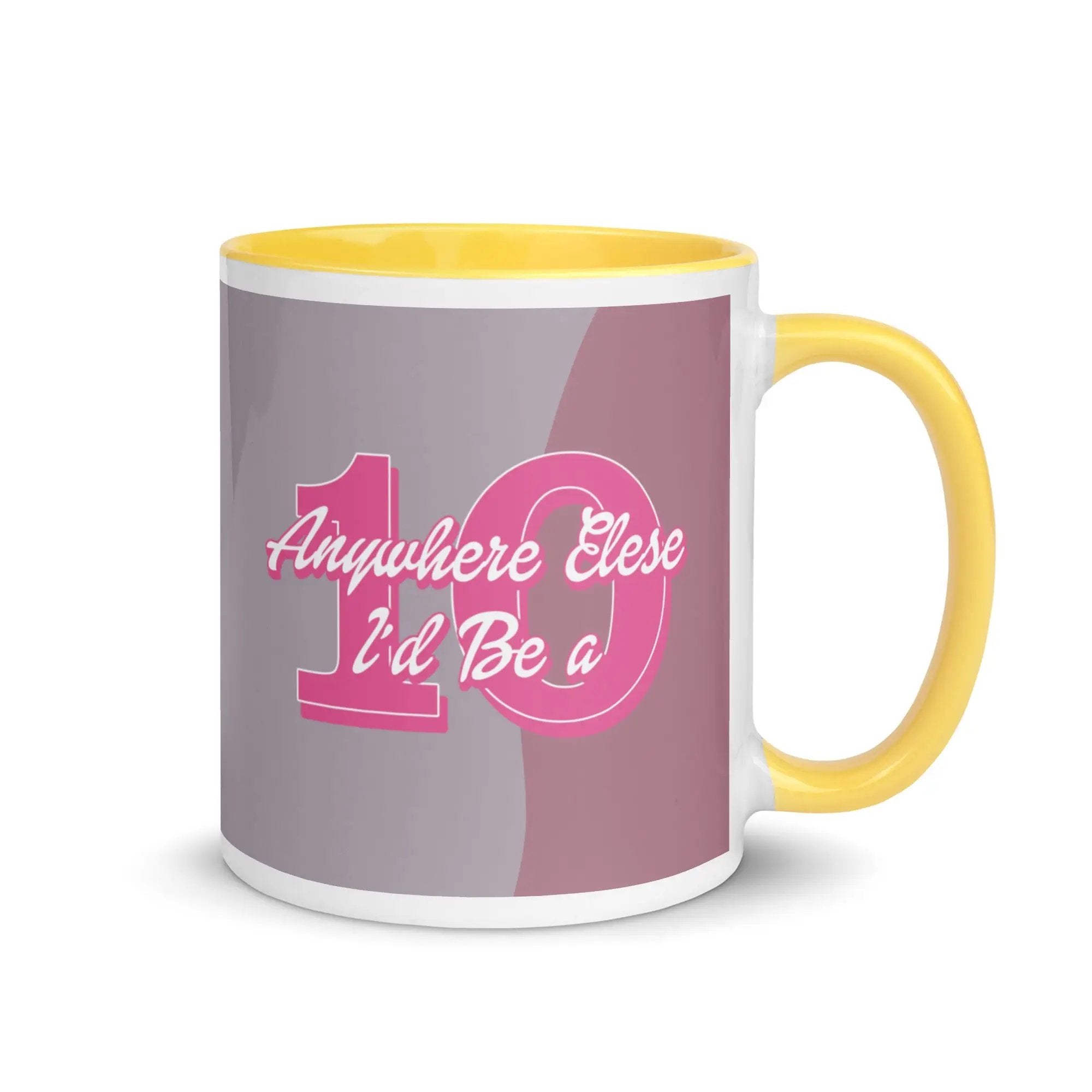 a yellow and white coffee mug with a pink and grey background