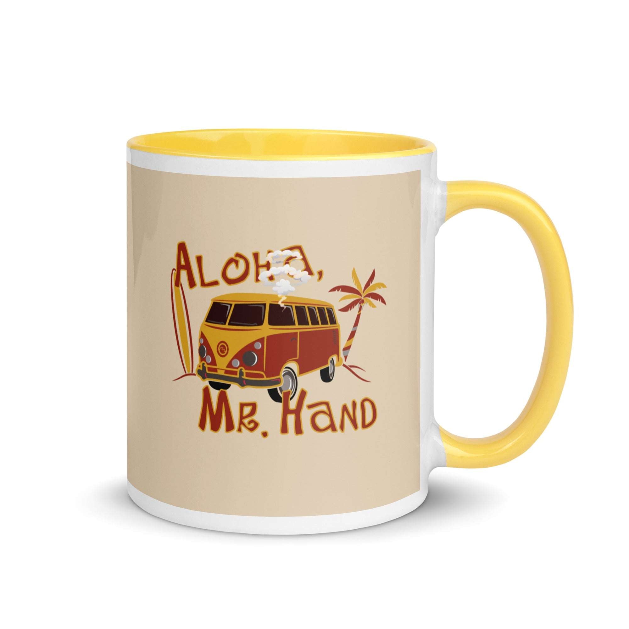 a yellow and white coffee mug with a vw bus on it