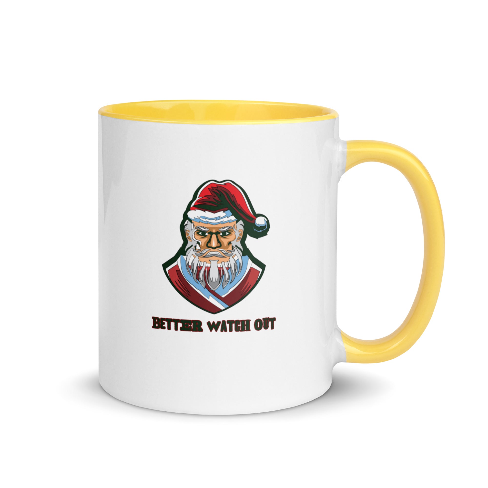 a white and yellow coffee mug with a santa clause on it