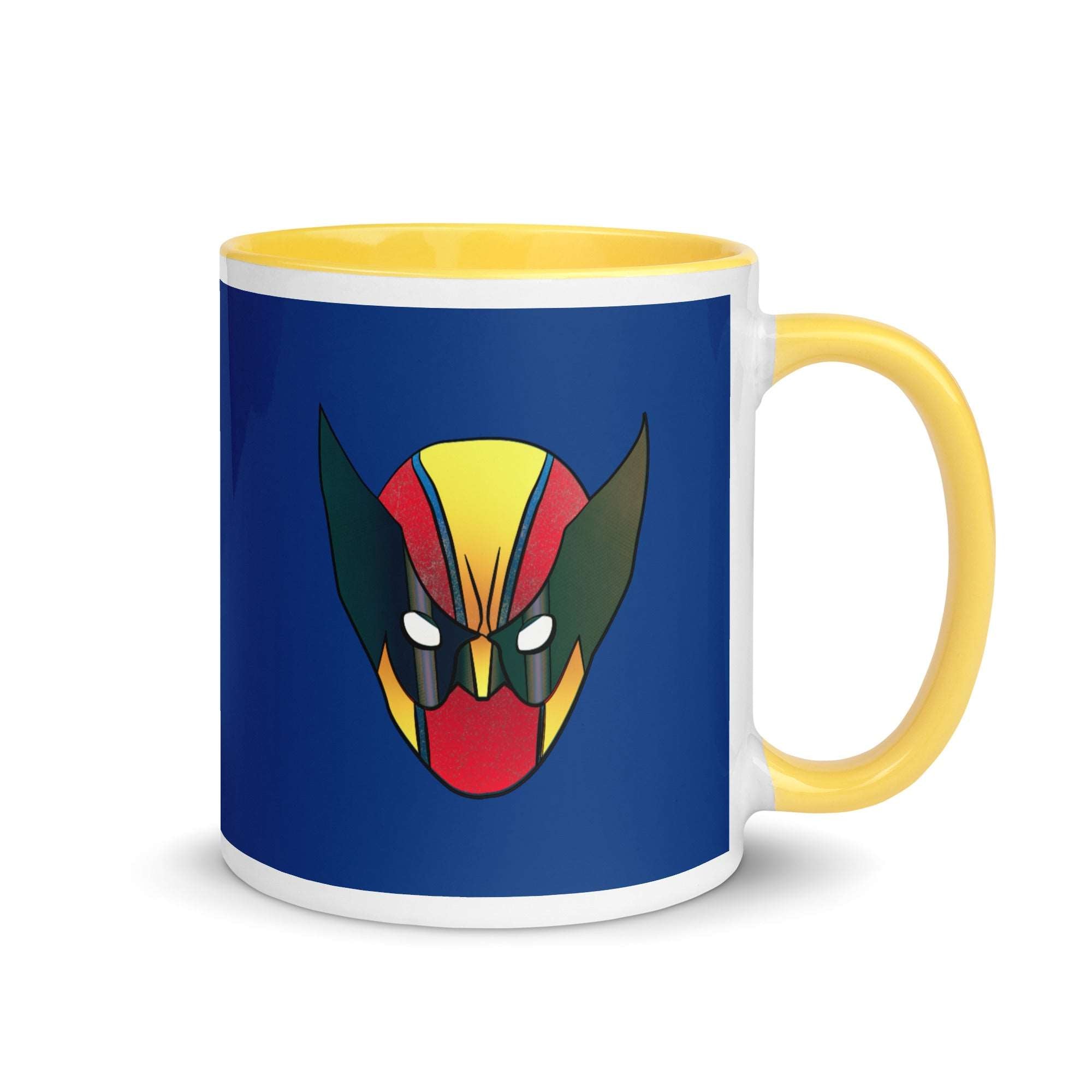 a yellow and blue mug with a wolverine face on it