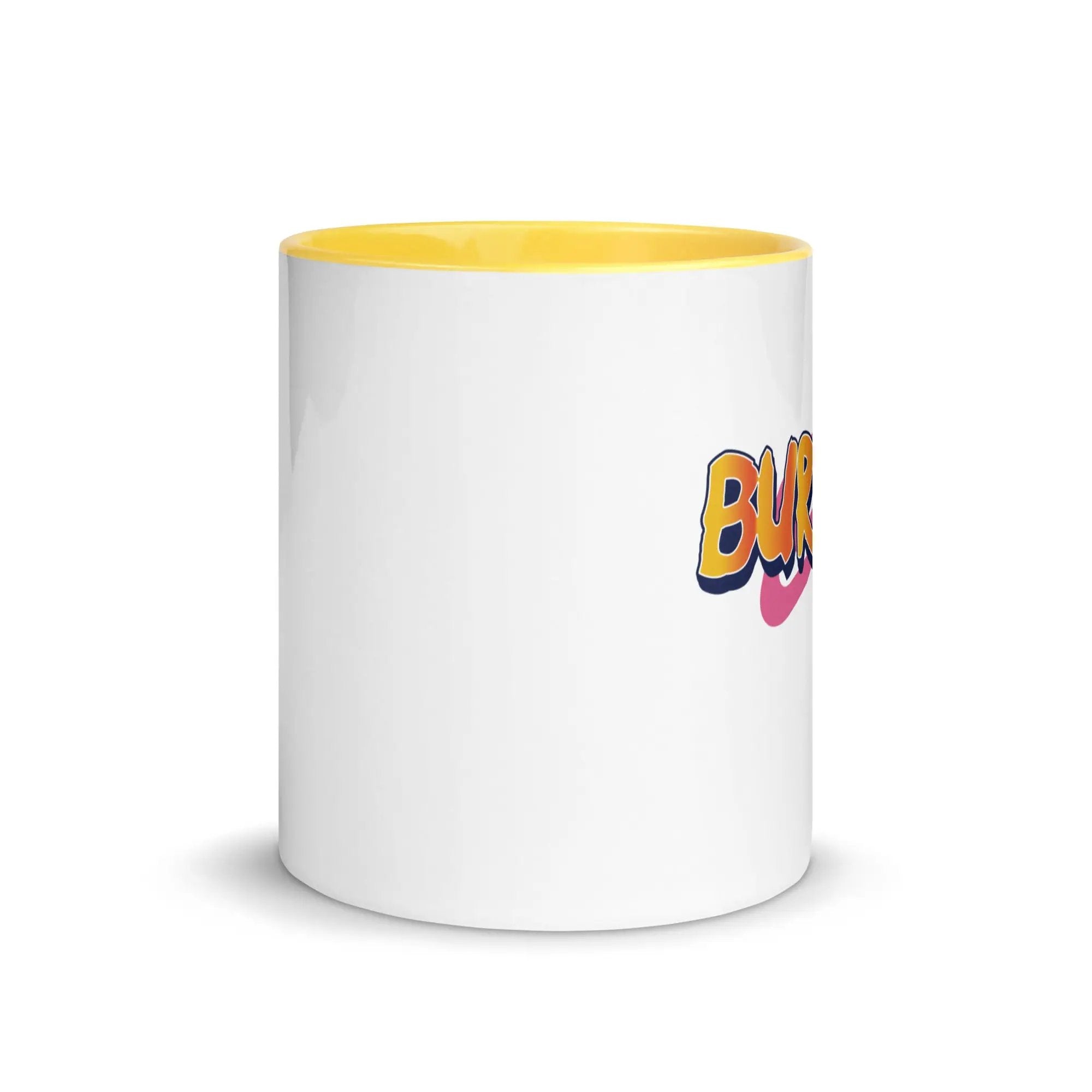 a white and yellow coffee mug with the word bl on it