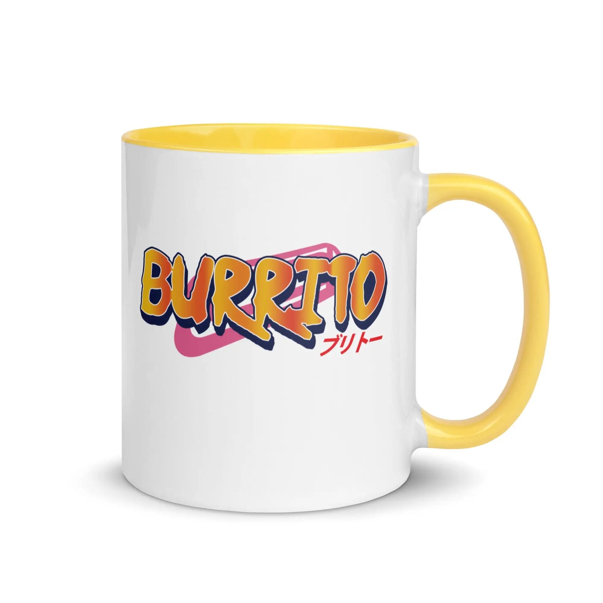 a white and yellow coffee mug with the word burrito on it