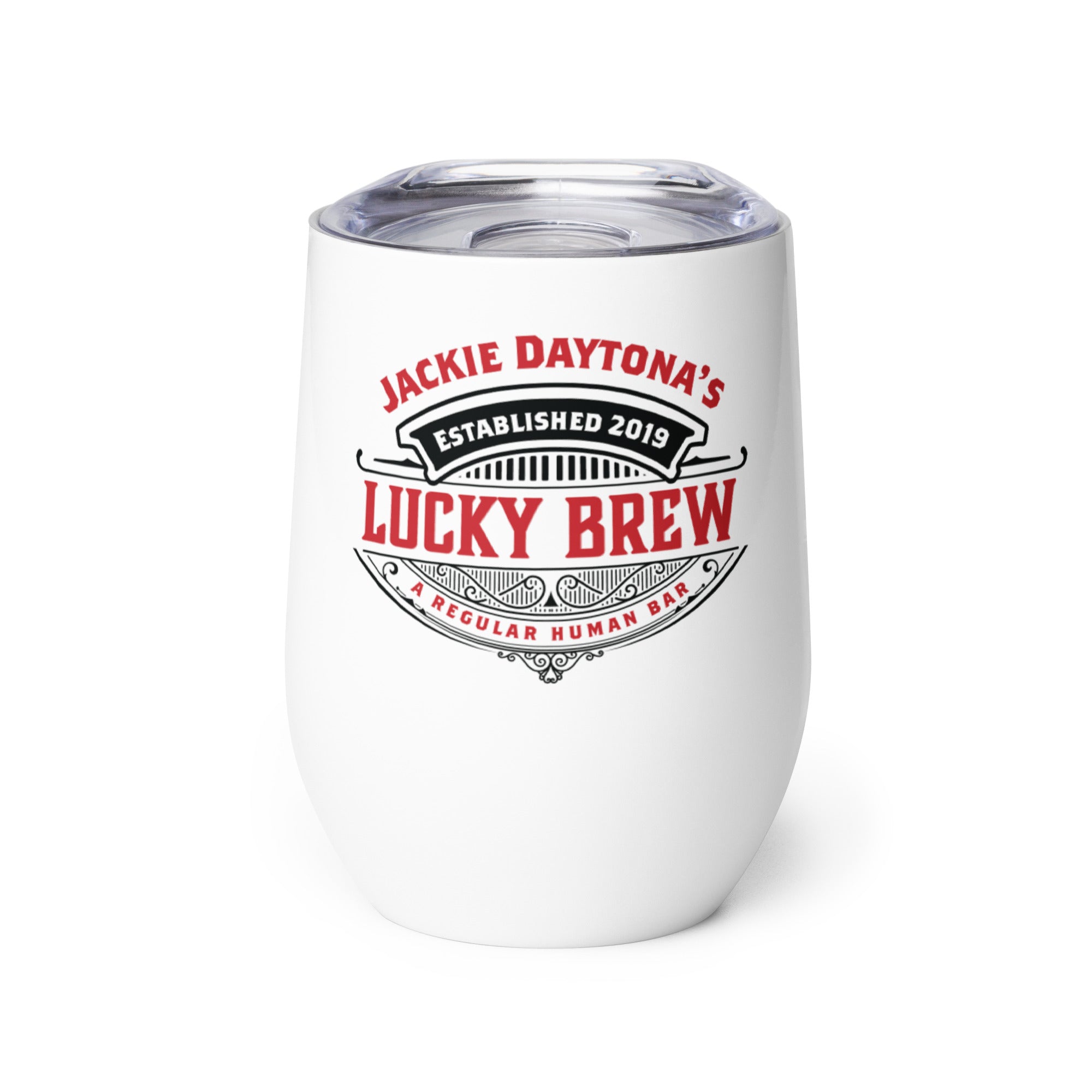 a white tumbler with a red and white label on it