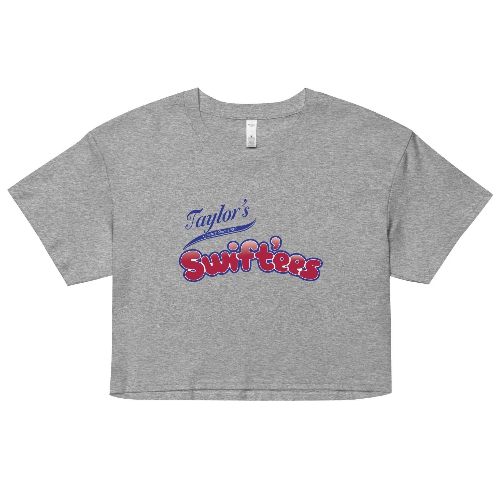 a grey crop top with the words taylor's on it
