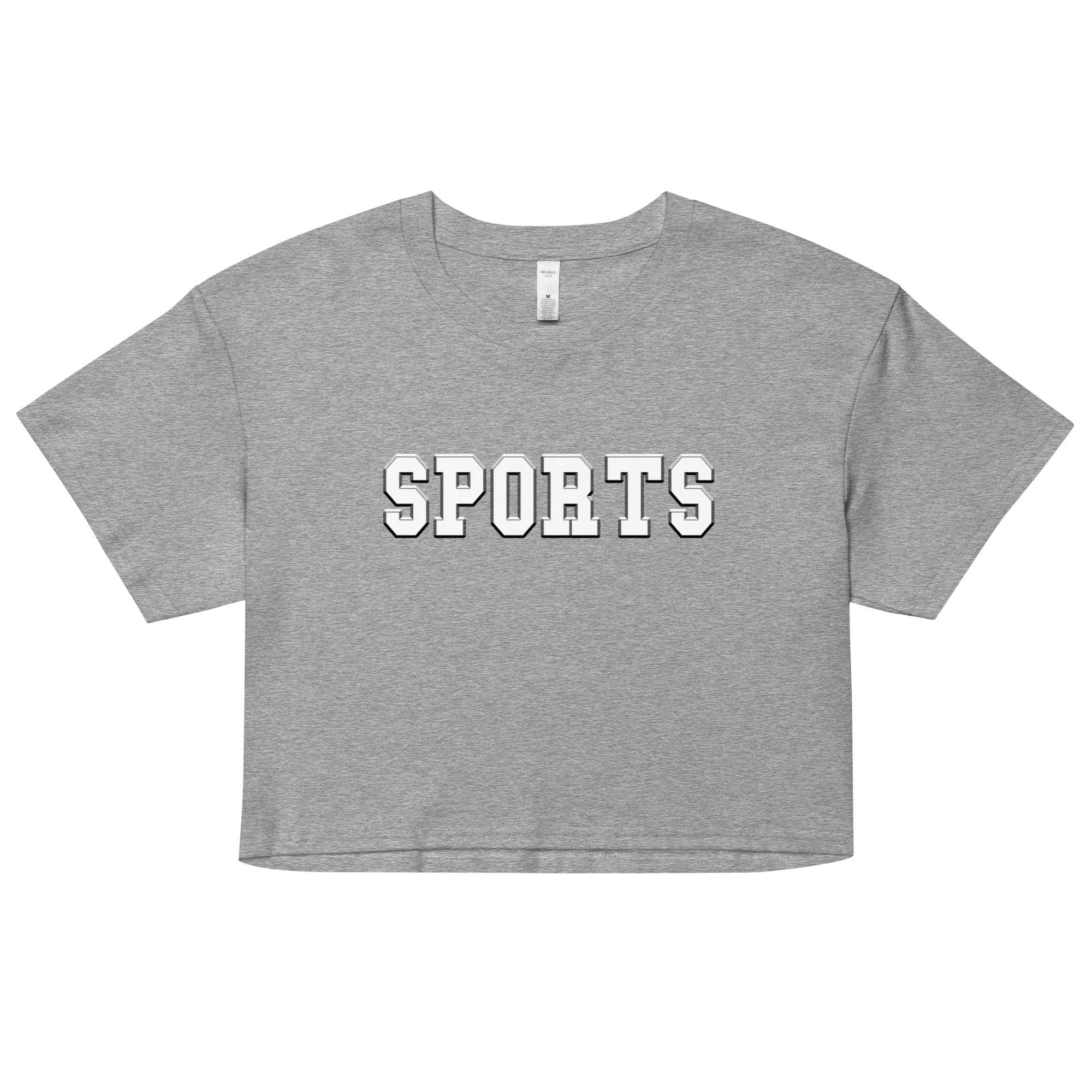 a grey crop top with the word sports printed on it