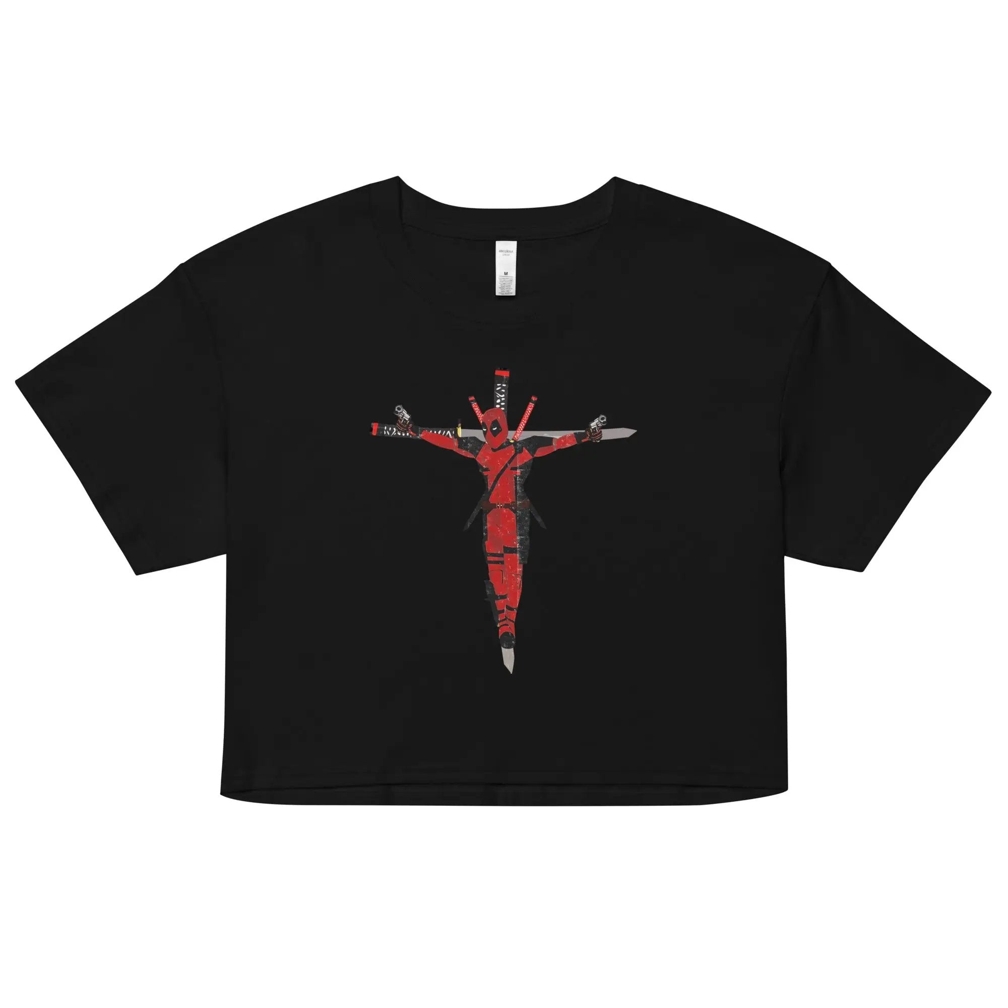 a black t - shirt with a red jesus on it
