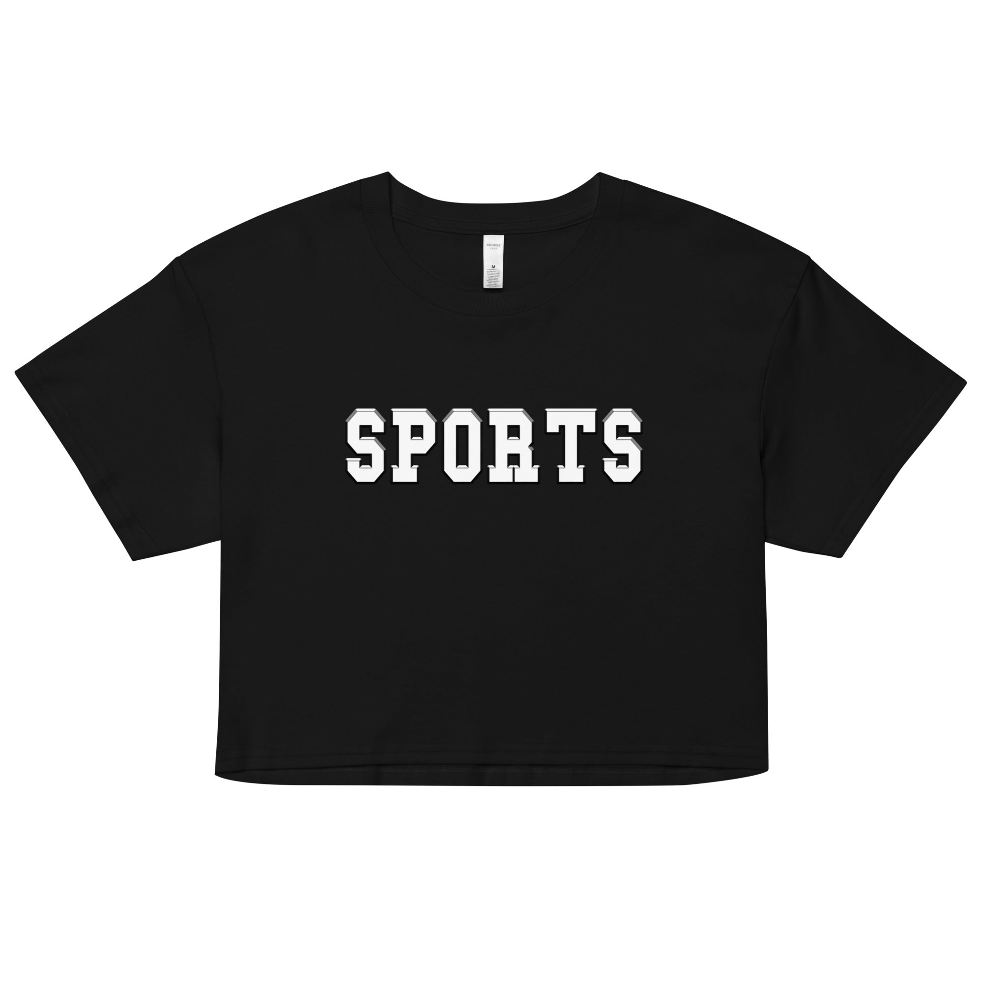 a black t - shirt with the word sports printed on it