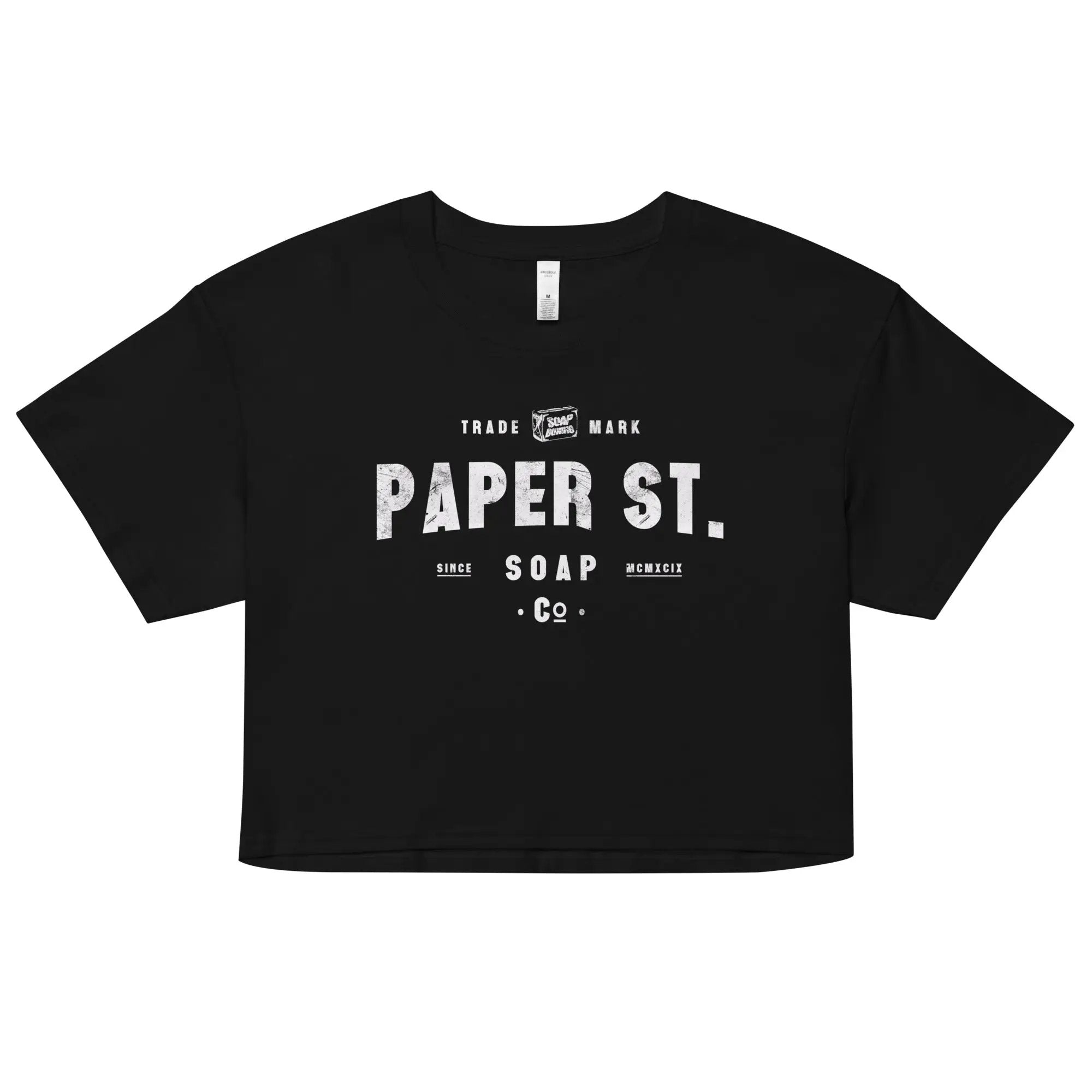 a black t - shirt that says paper st soap