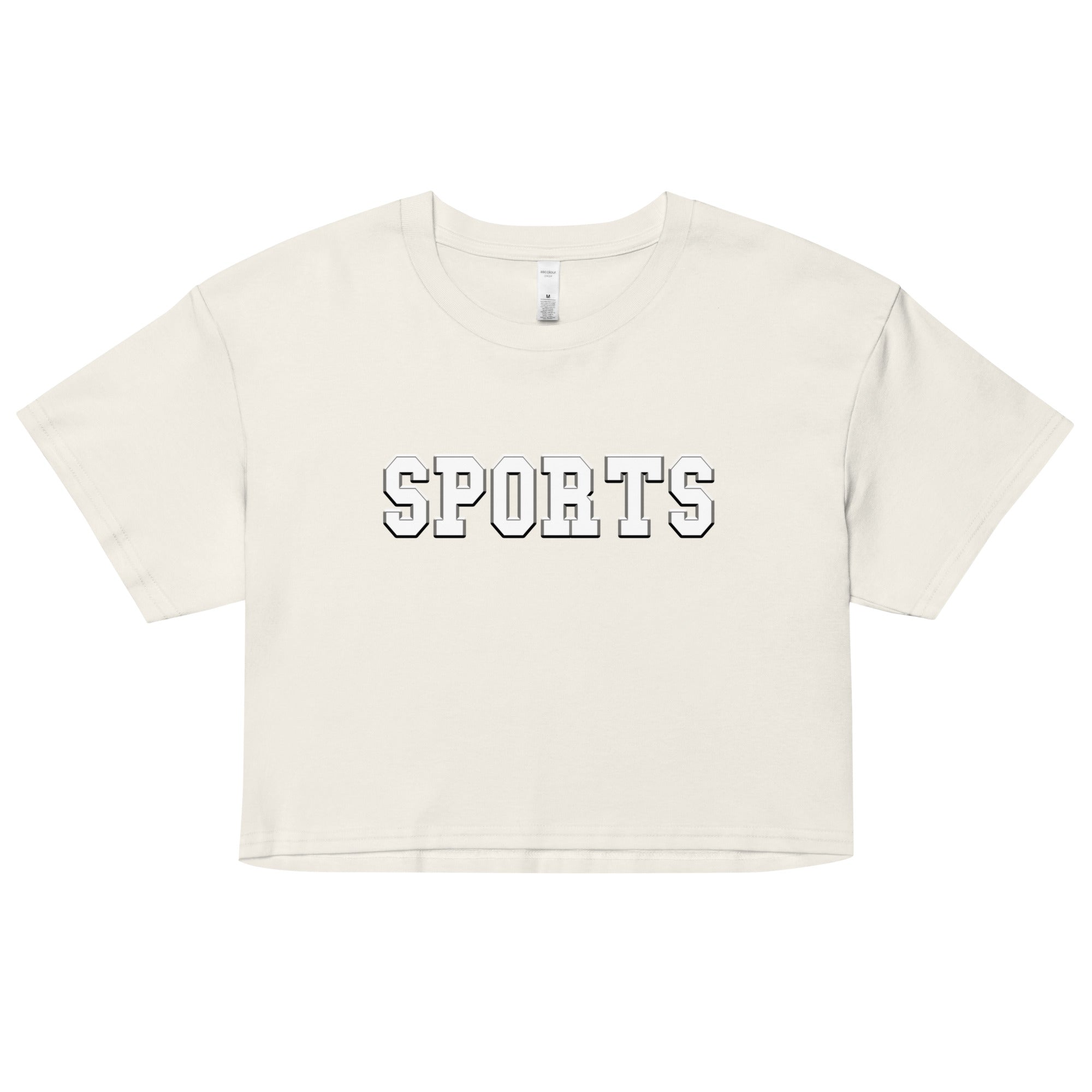 a white crop top with the word sports printed on it