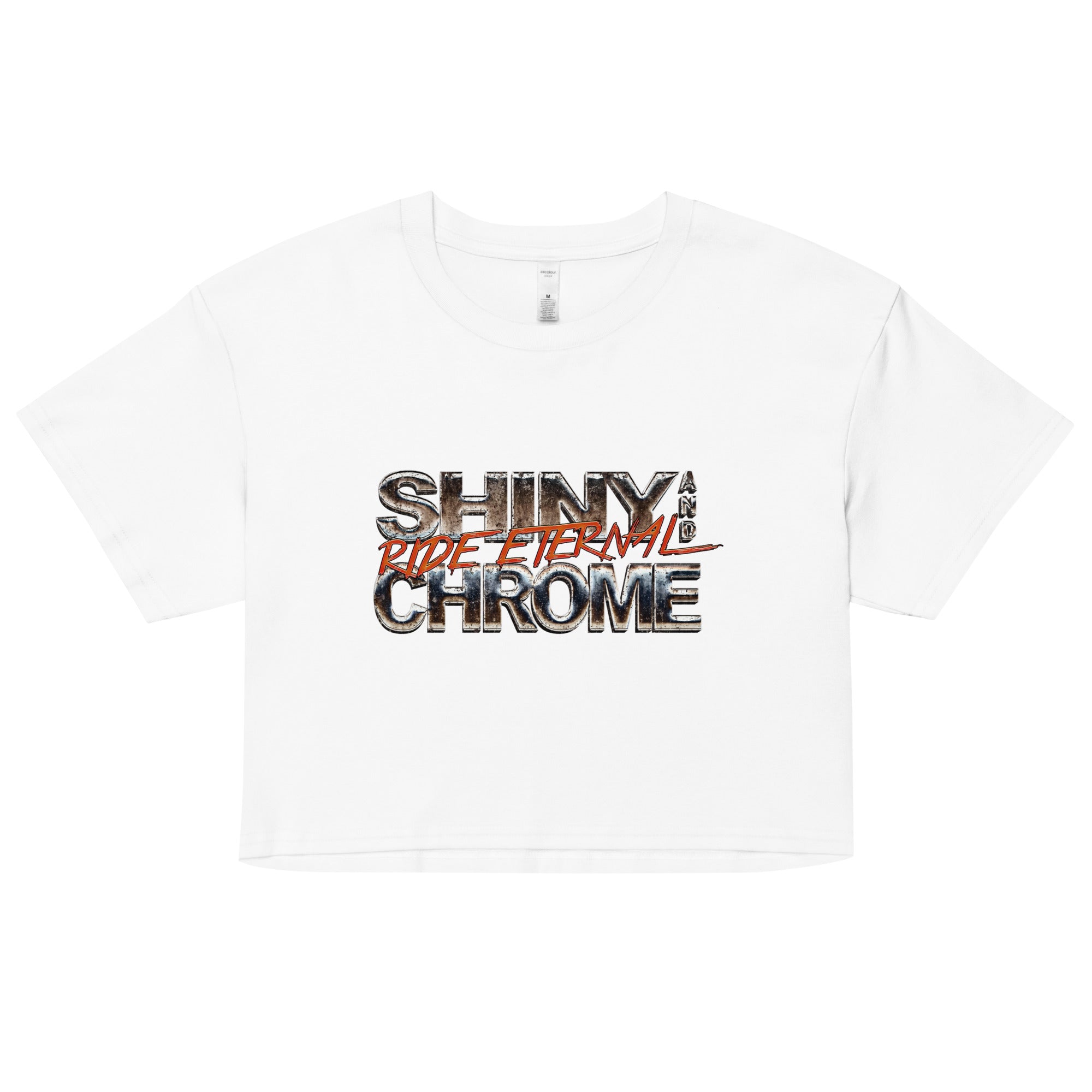 a white t - shirt with the words shiny chrome on it
