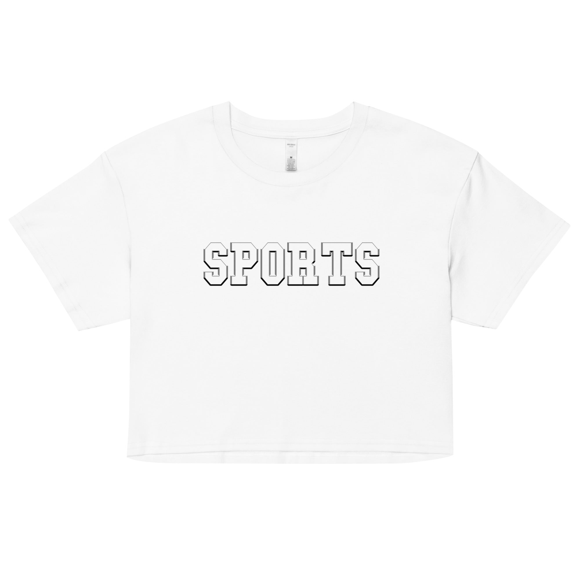 a white crop top with the word sports printed on it