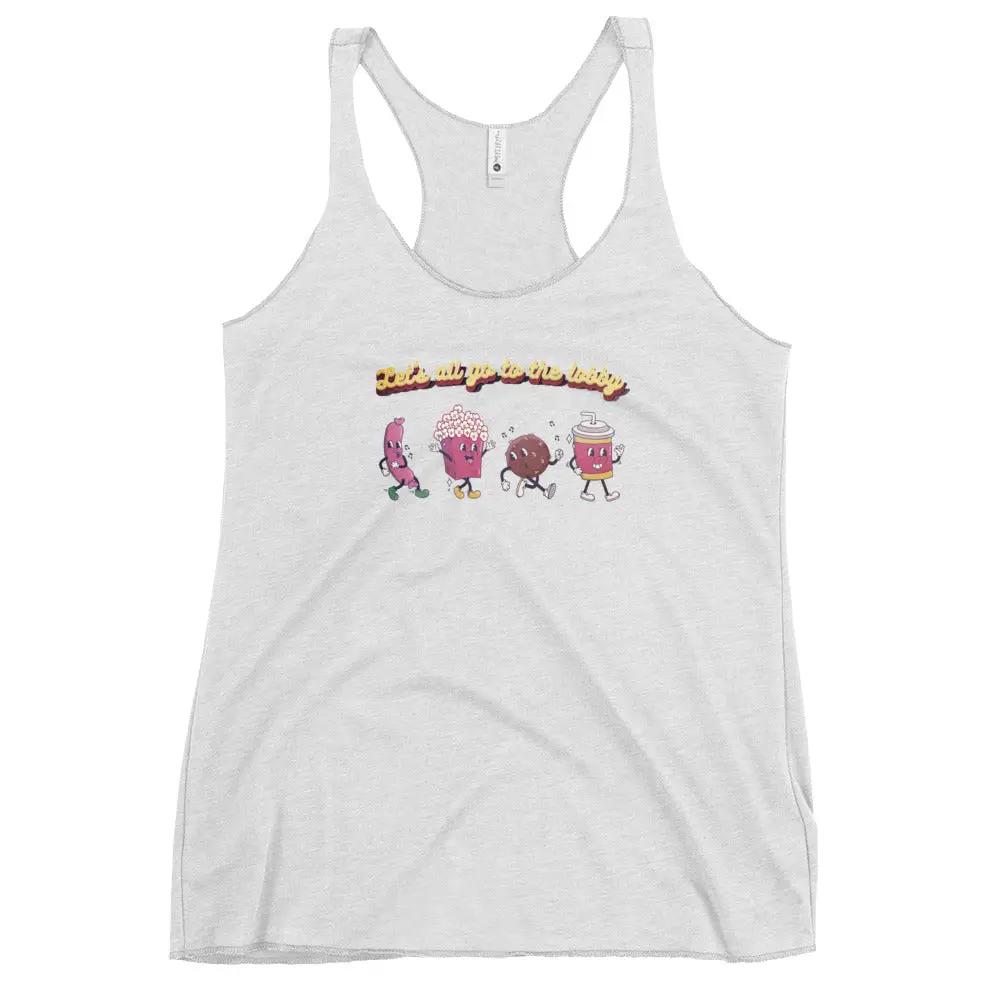 a women's tank top with three cartoon characters on it