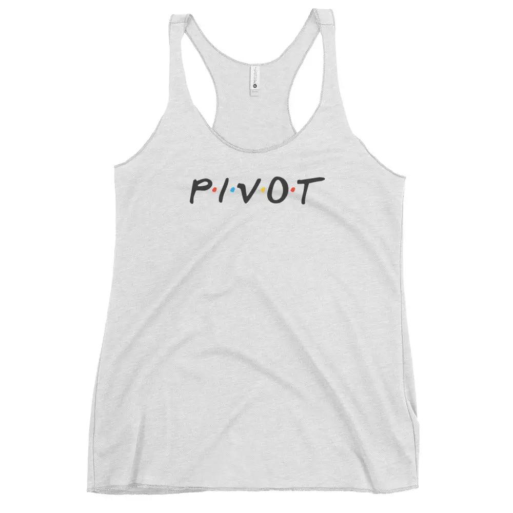 a white tank top with the word pivot printed on it