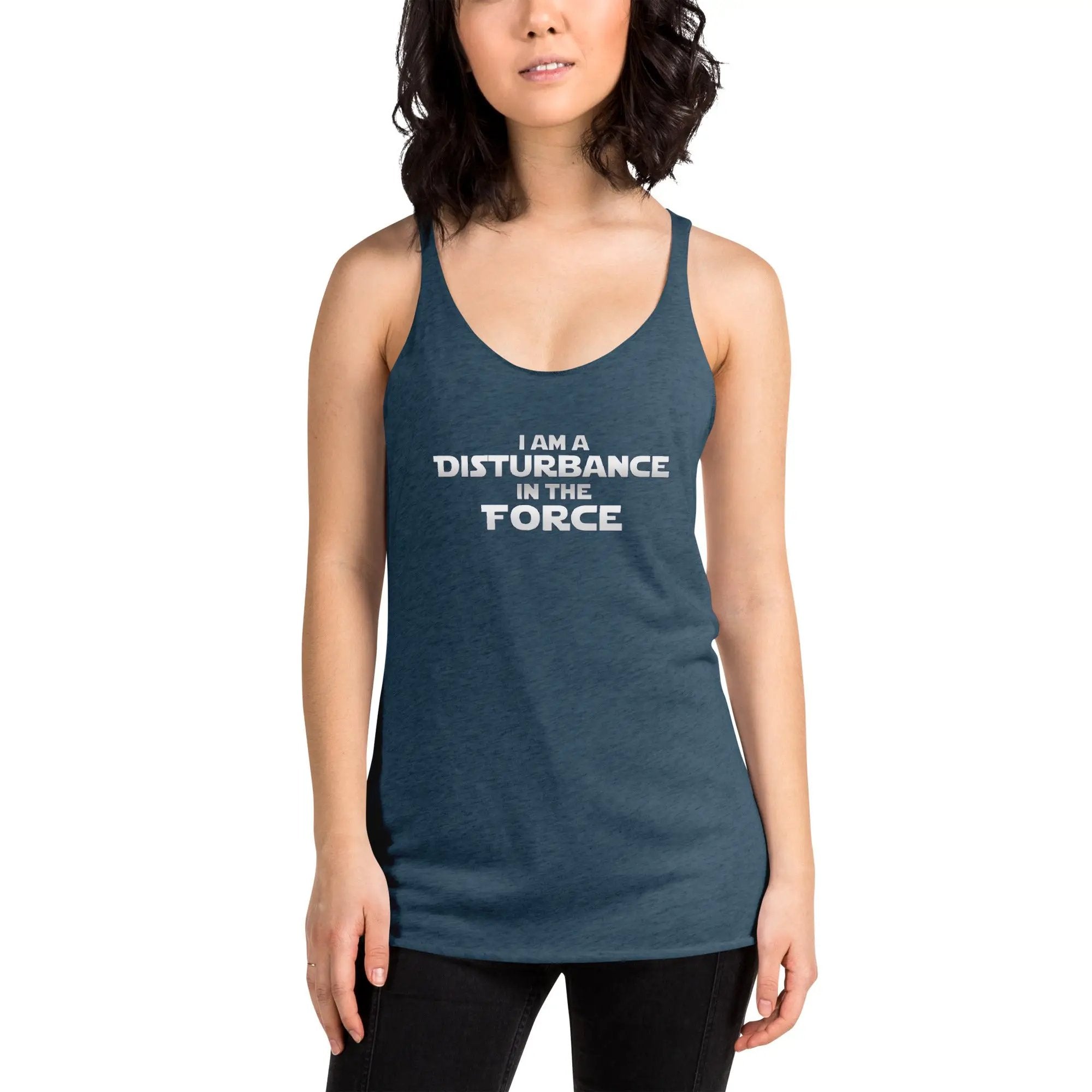 a woman wearing a tank top that says i am a distance force
