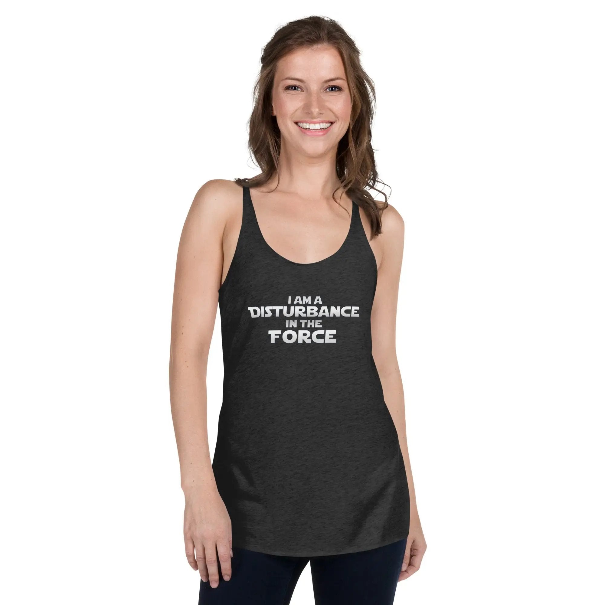 a woman wearing a black tank top that says i am a substance force