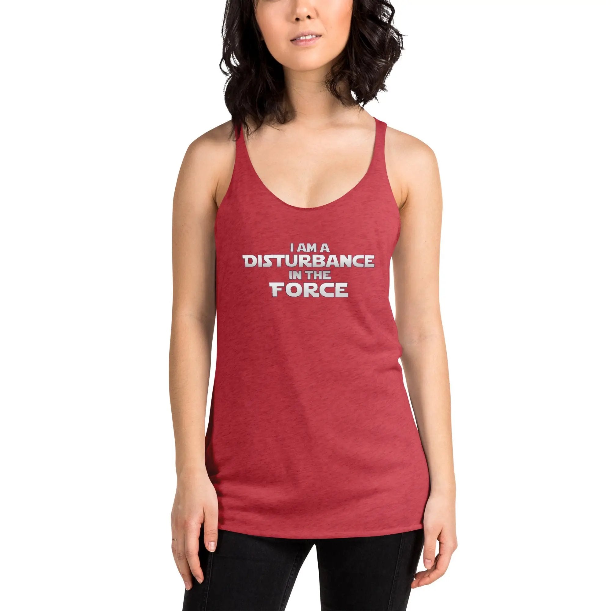 a woman wearing a red tank top that says i am a distance force