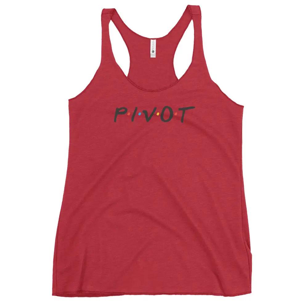 a women's red tank top with the word pivot printed on it