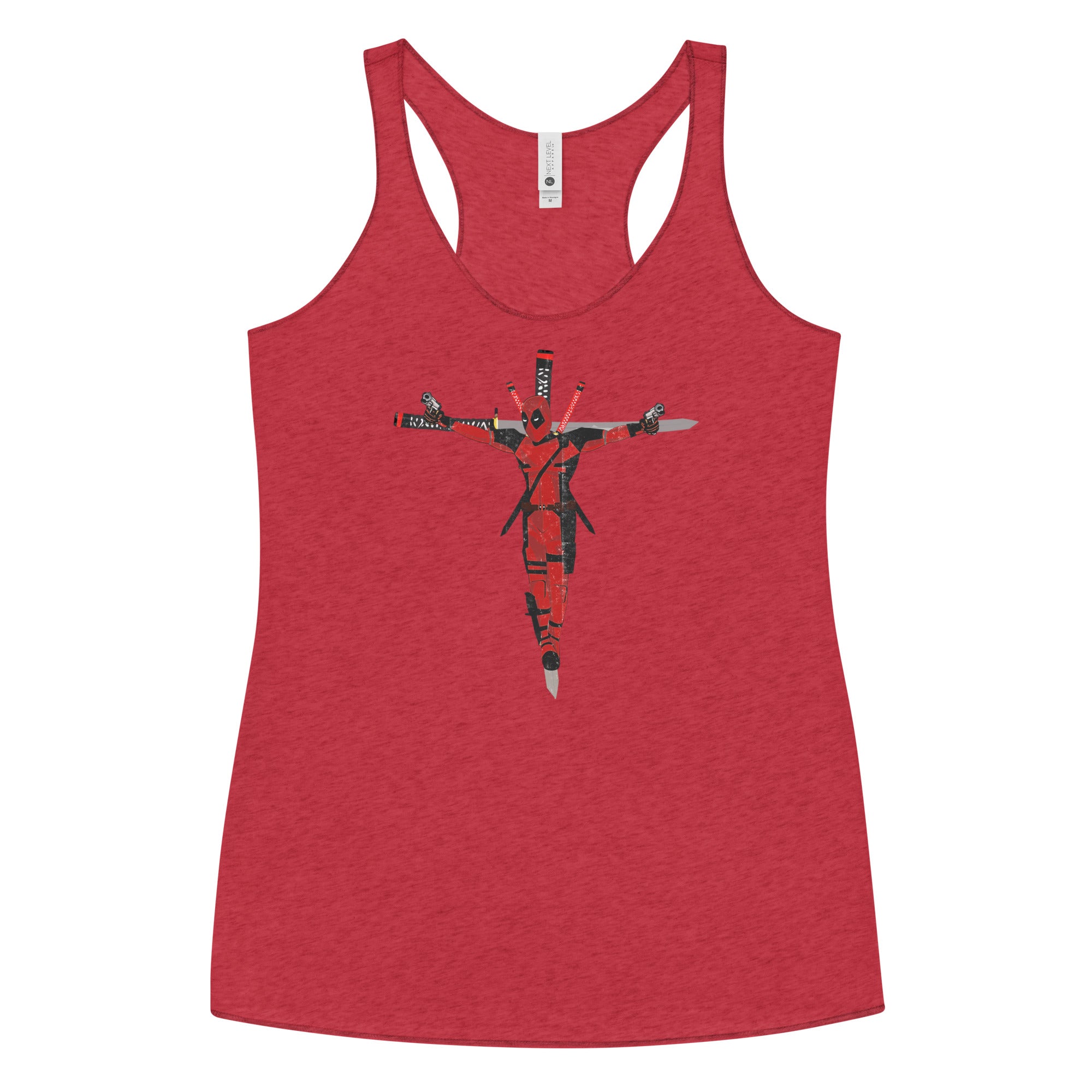 a red tank top with a cross on it