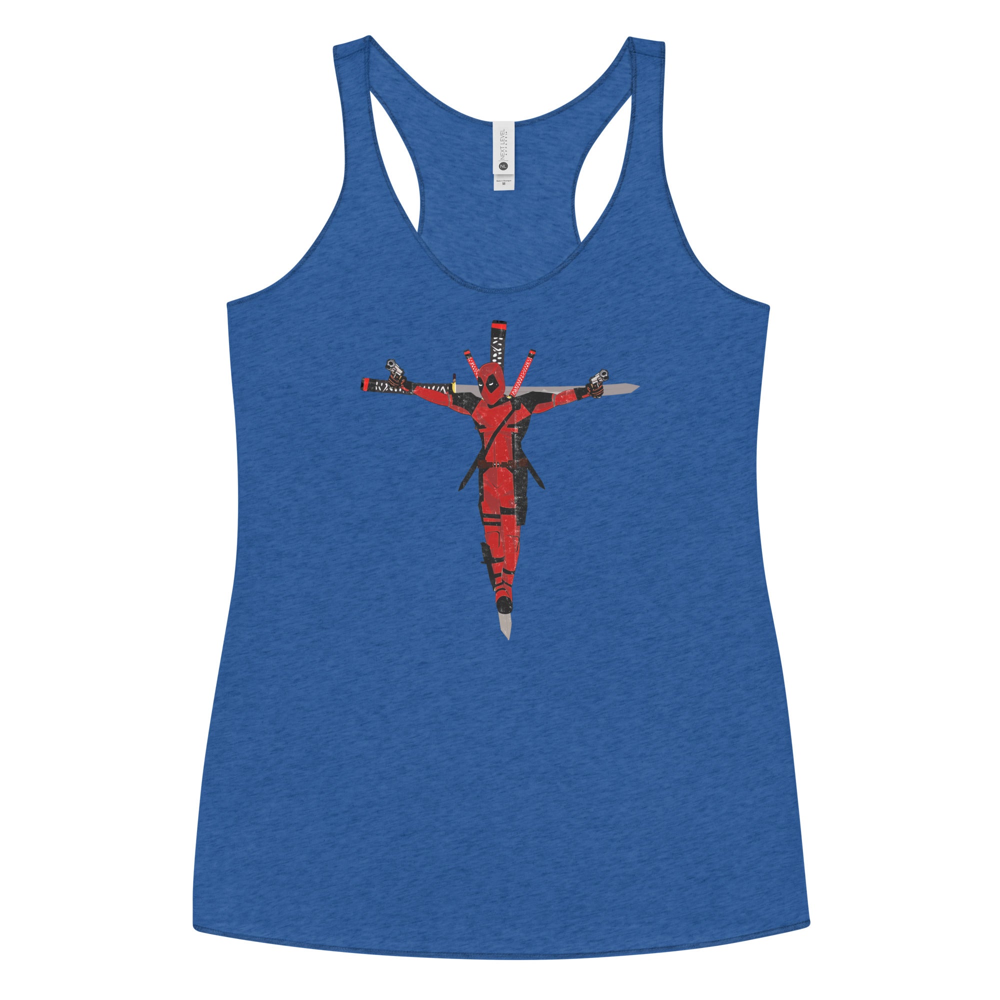 a women's tank top with a picture of a man on a cross