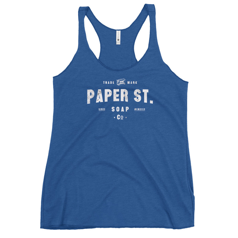 a women's racer tank top that says paper st