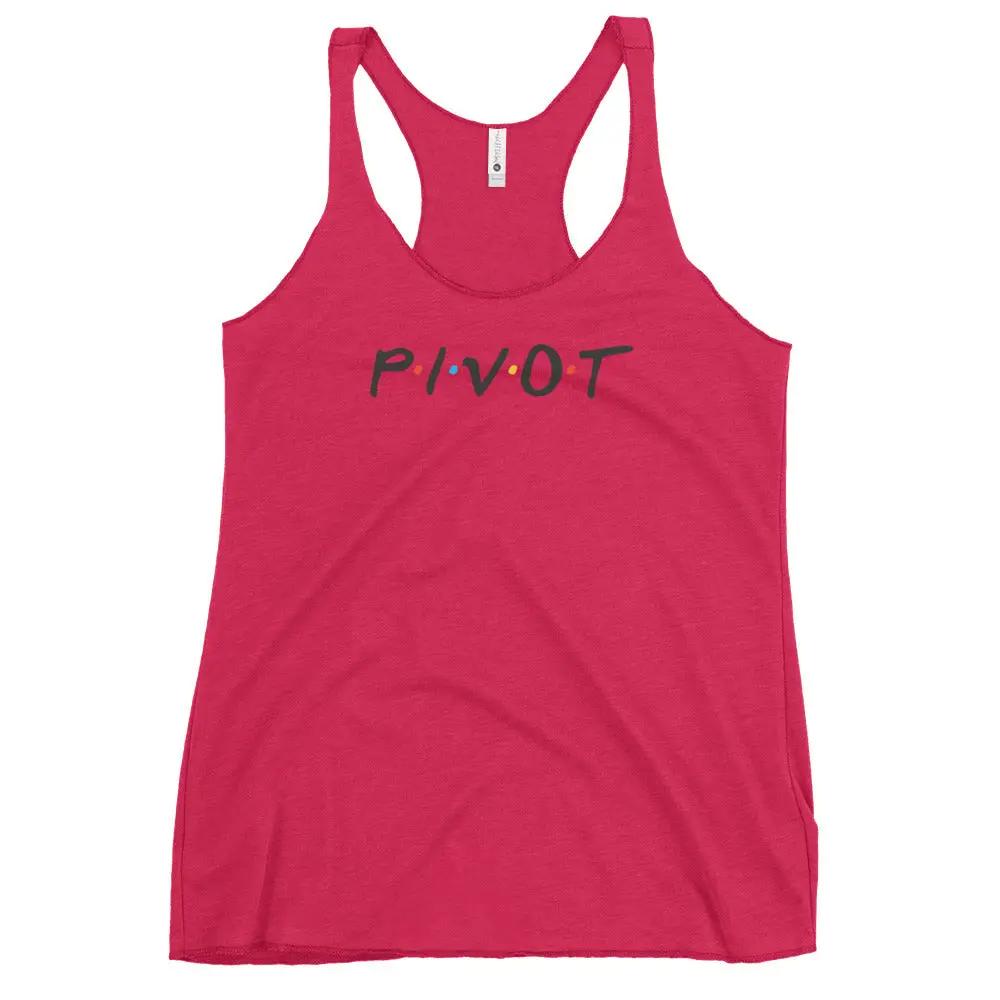 a pink tank top with the word pivot printed on it