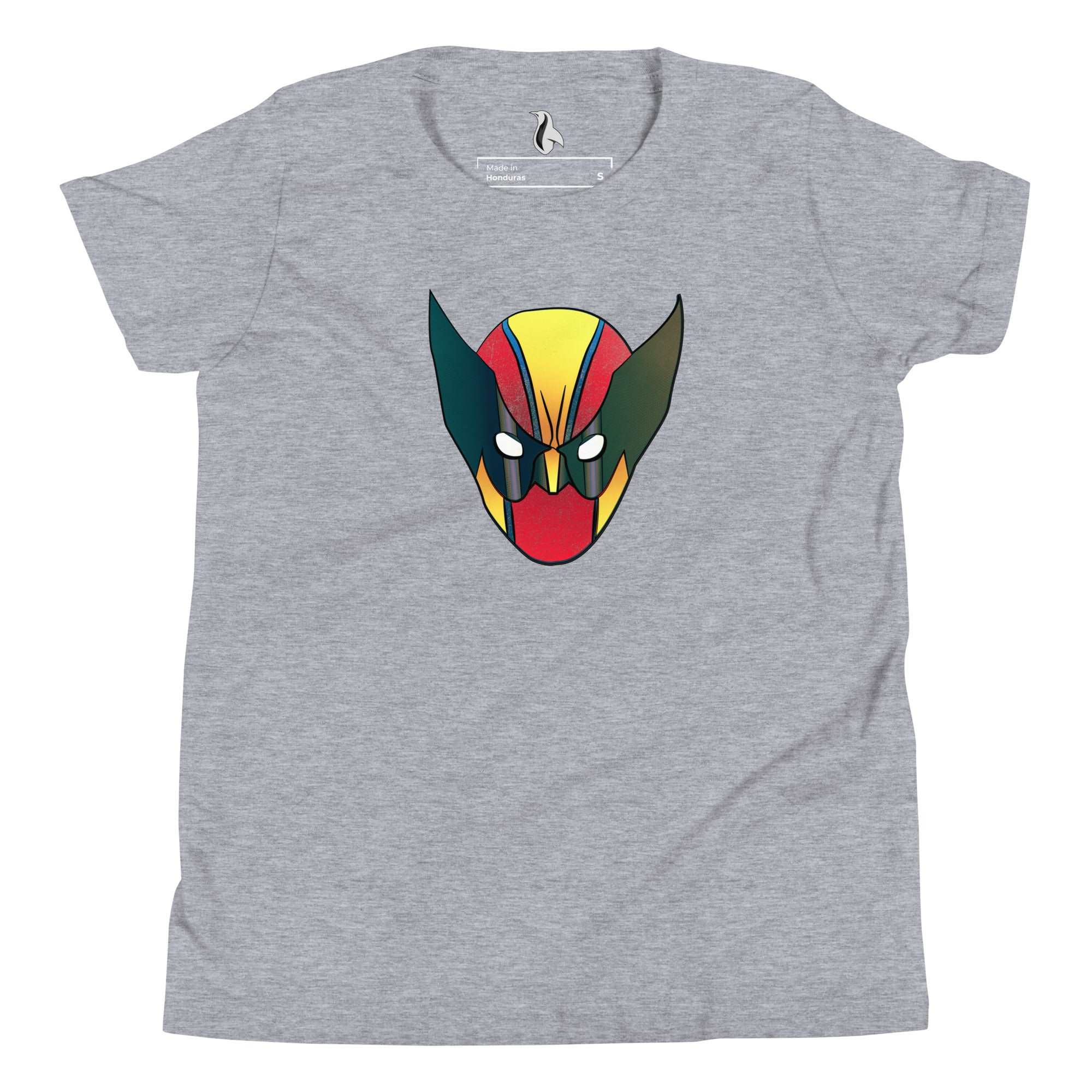 a gray t - shirt with a red, yellow and green face