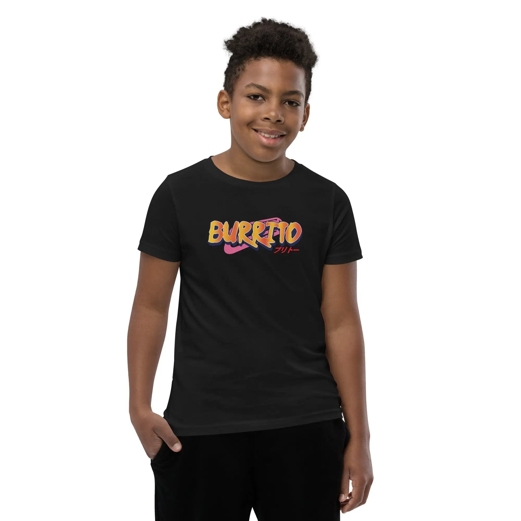 a young man wearing a black t - shirt with the word buffalo on it