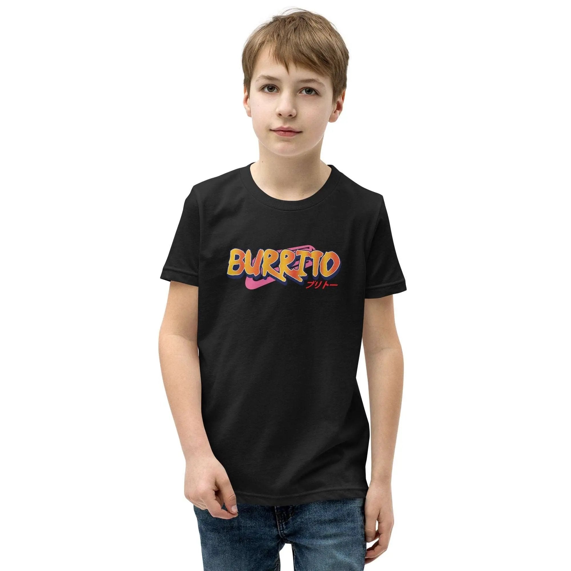 a young boy wearing a black t - shirt with the word buffalo printed on it