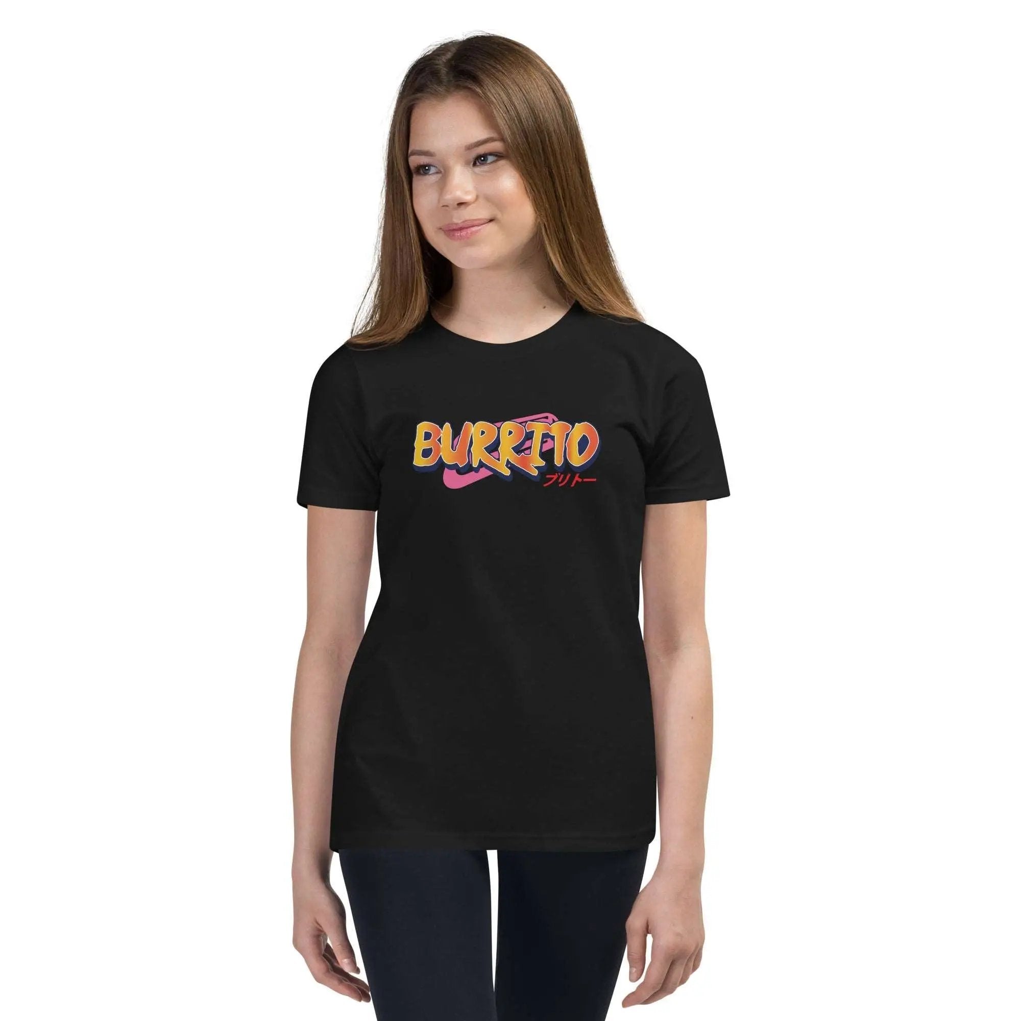 a woman wearing a black t - shirt with the word buffalo on it