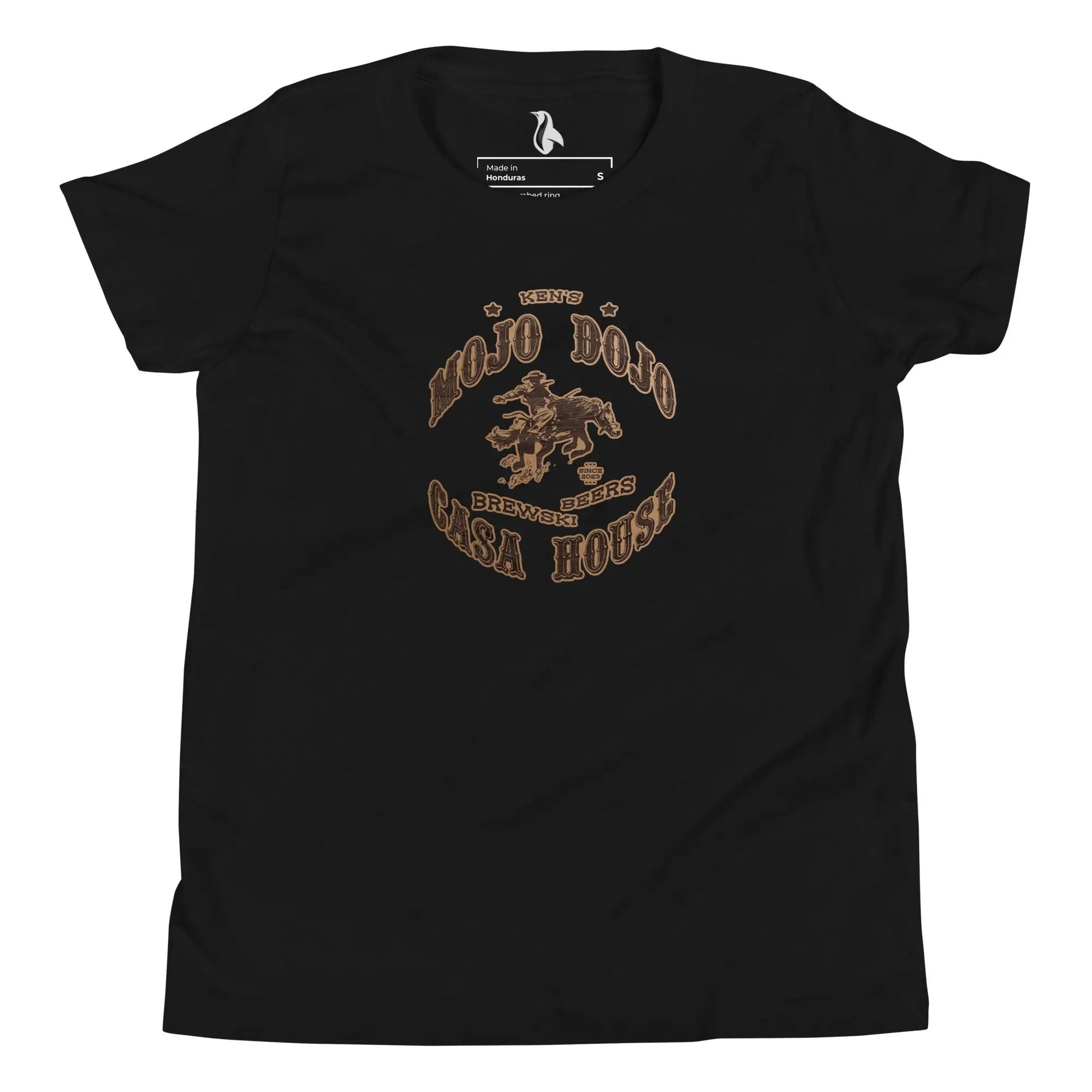 a black t - shirt with a gold logo on it
