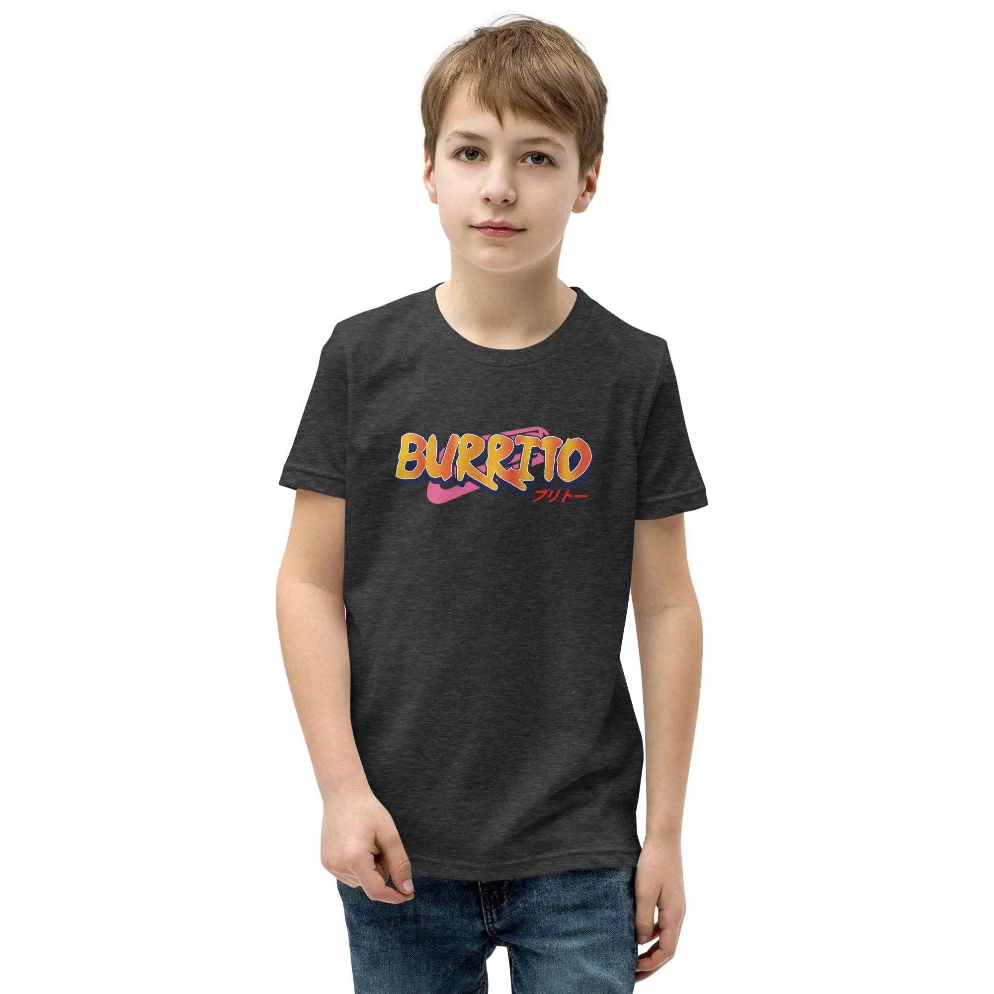 a young boy wearing a black t - shirt that says burrito