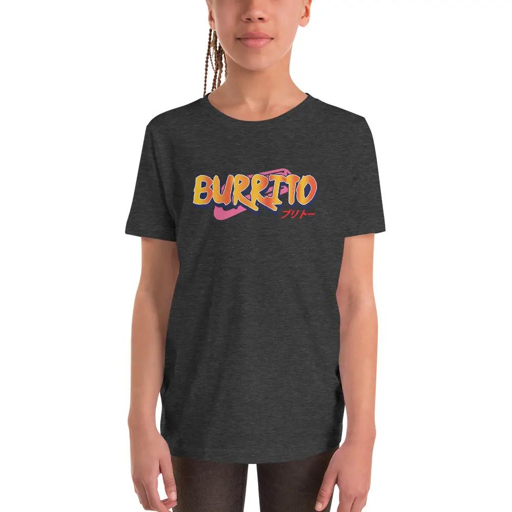 a young girl wearing a black t - shirt that says burrito