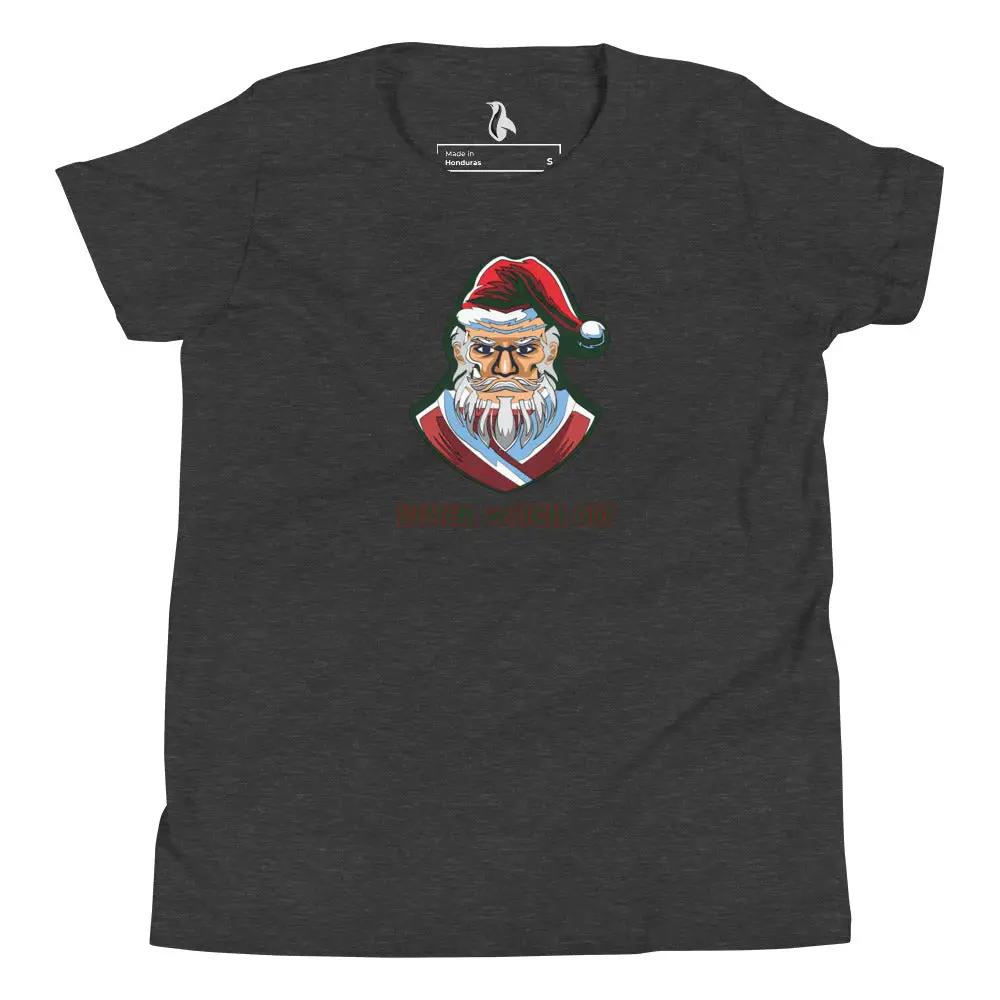 a black t - shirt with a santa clause on it