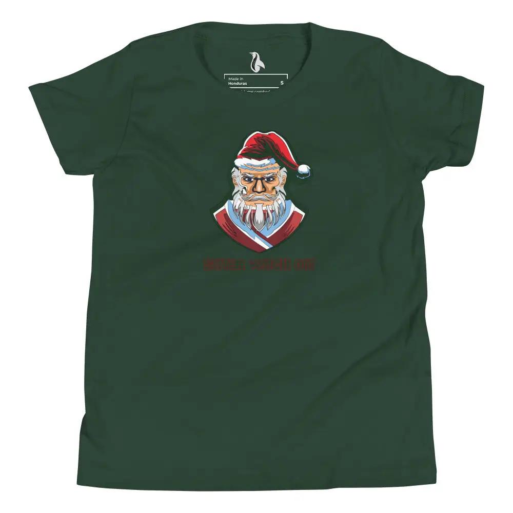 a green t - shirt with a picture of a man wearing a santa hat