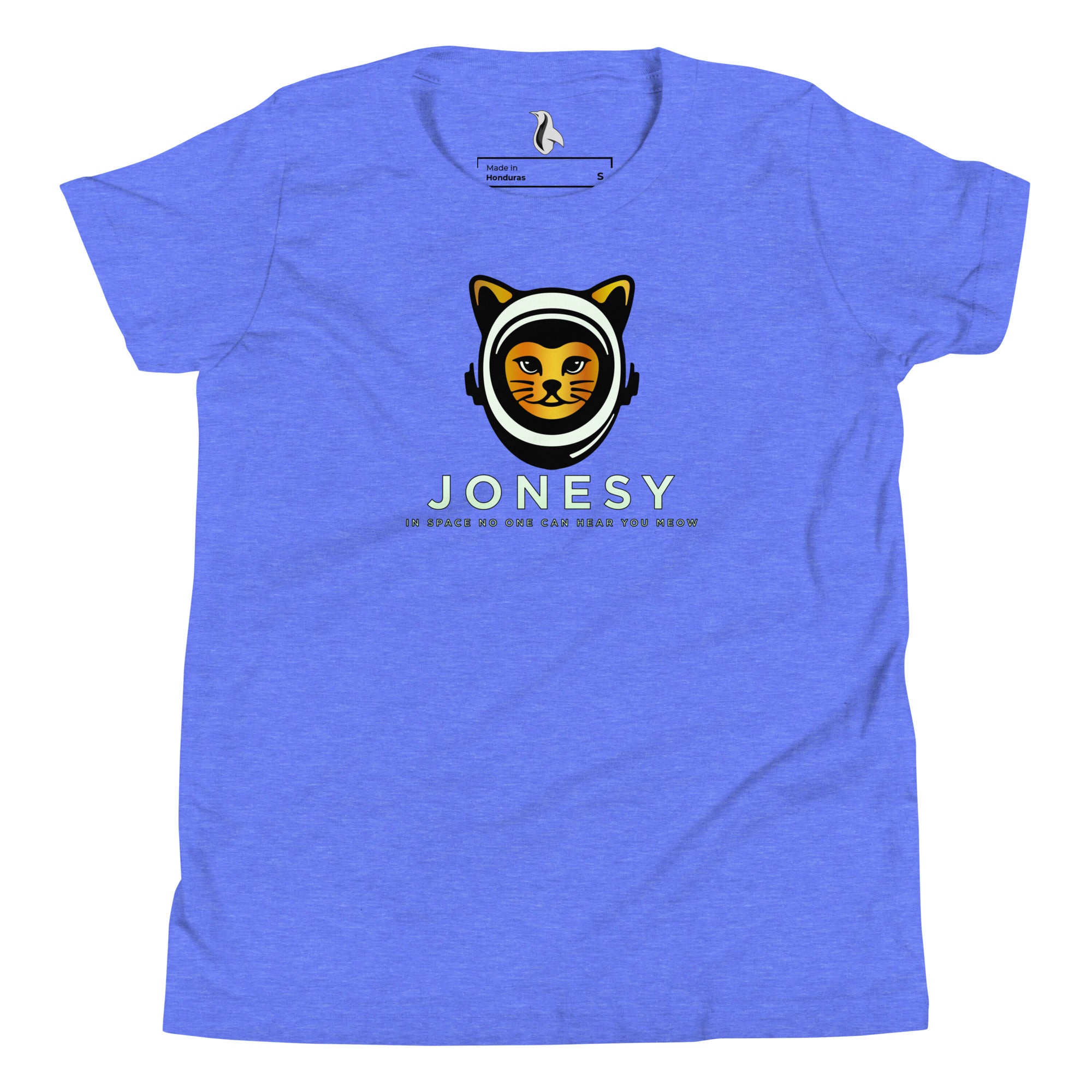 a blue t - shirt with a picture of a cat on it