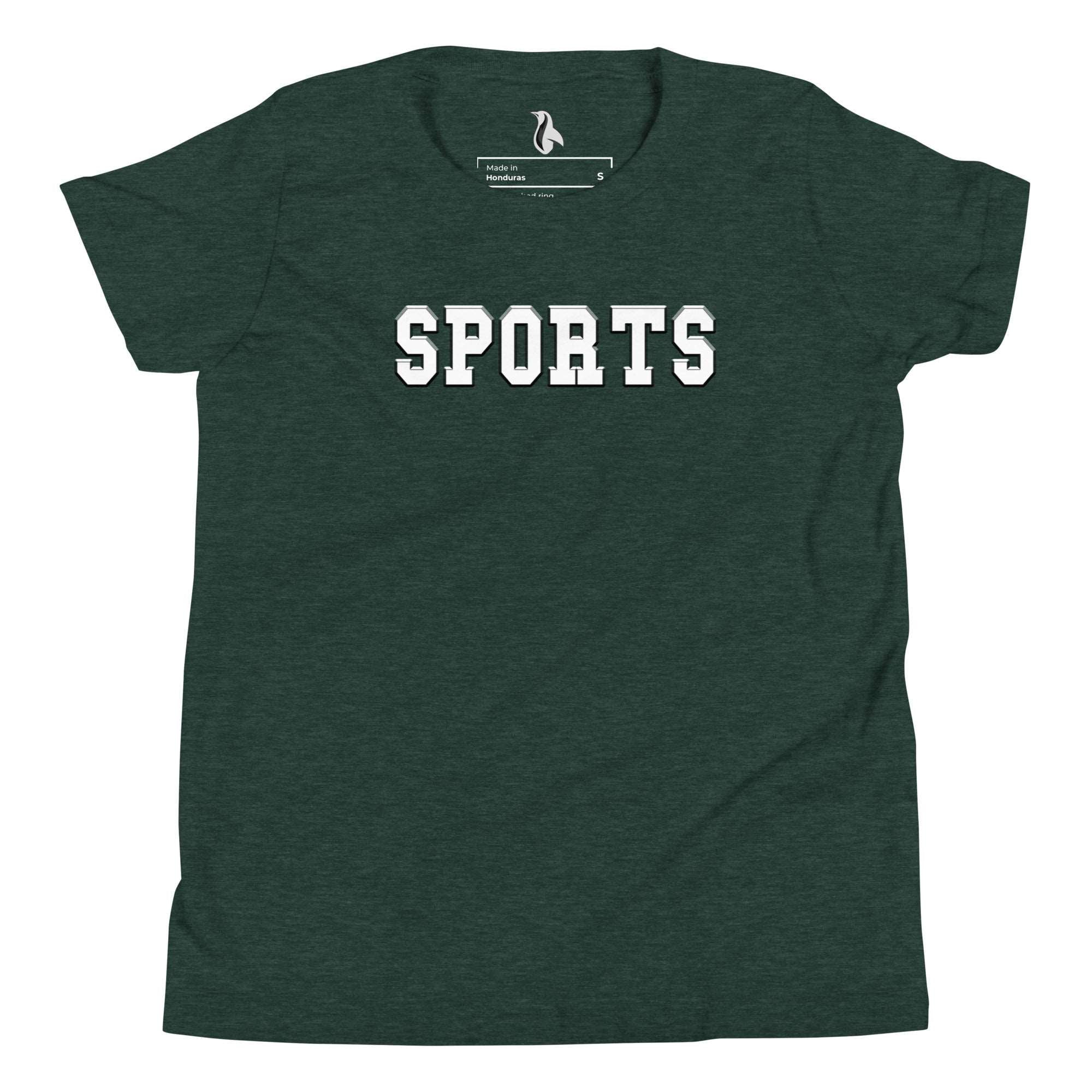 a dark green t - shirt with the words sports on it