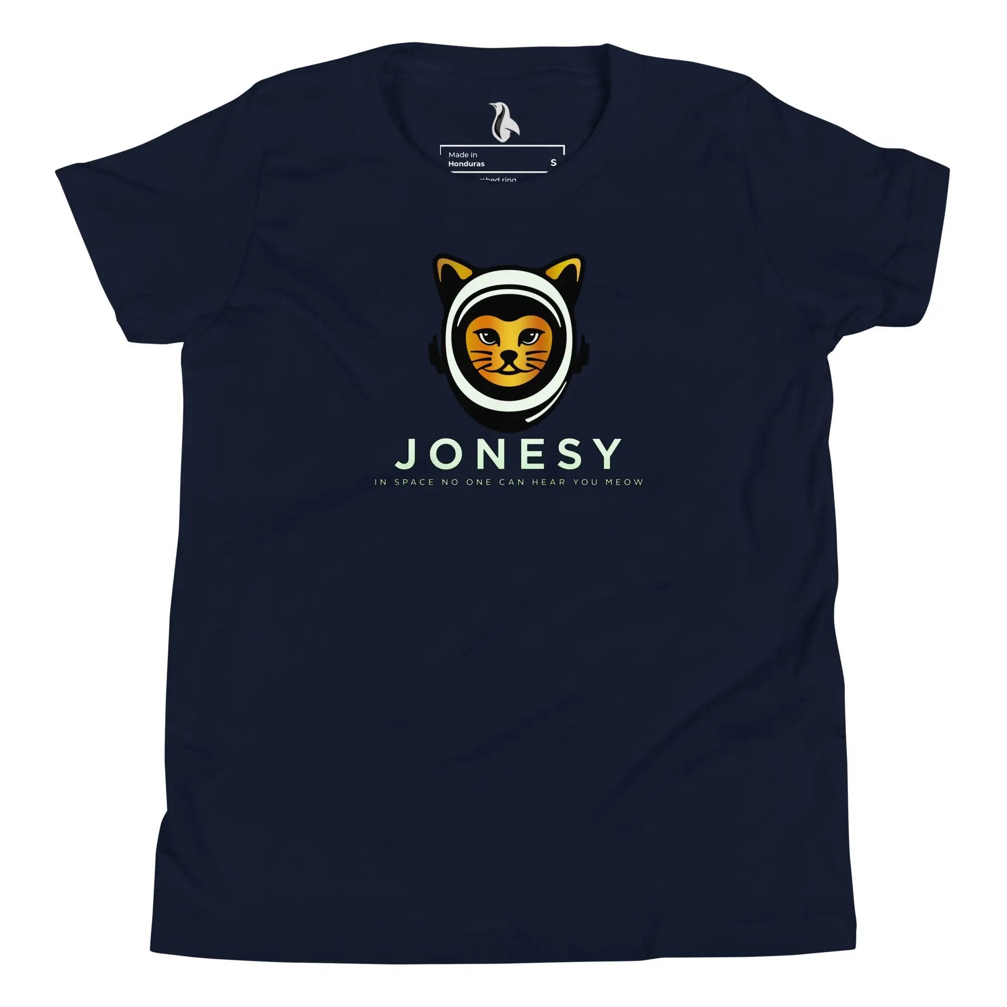a navy t - shirt with a picture of a cat on it