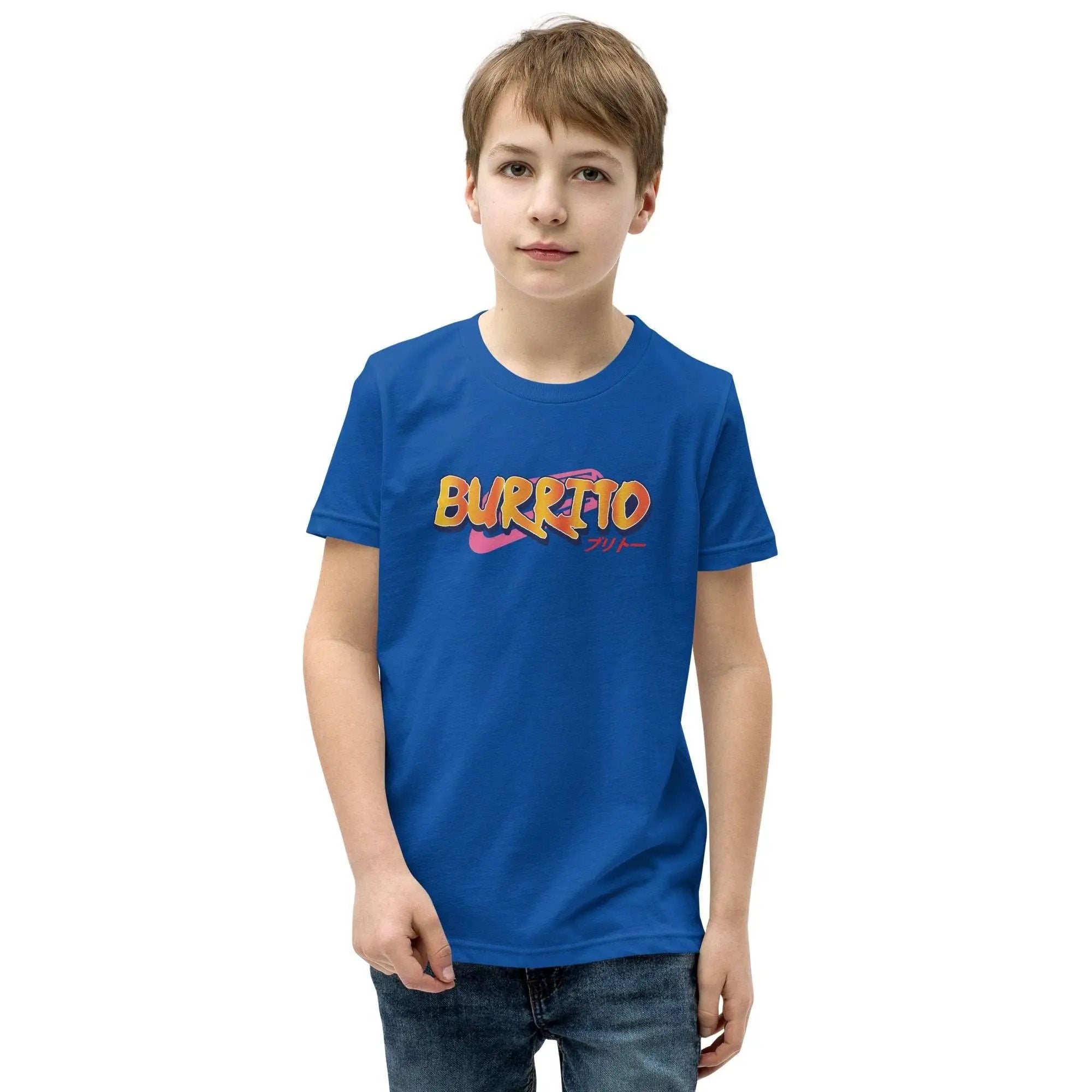 a young boy wearing a blue t - shirt that says burrito