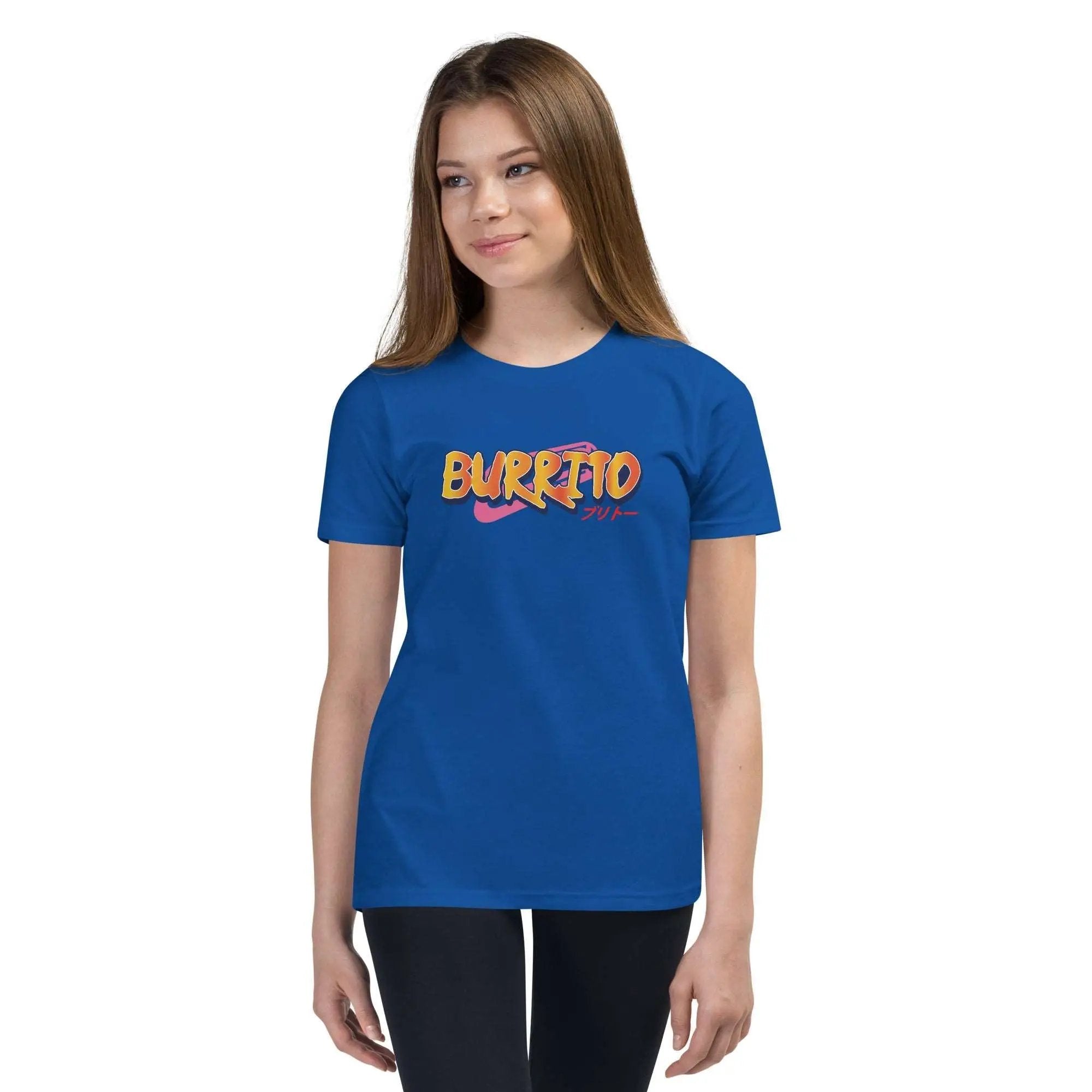 a woman wearing a blue t - shirt with the word buffalo on it