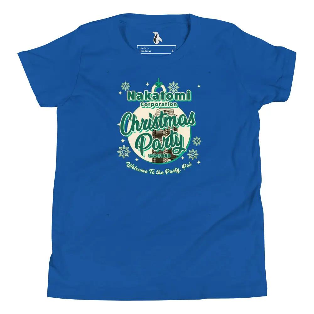 a blue t - shirt with a christmas party on it