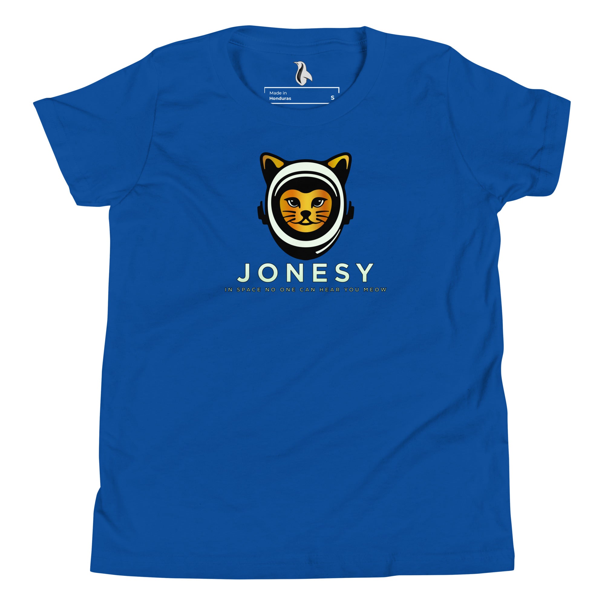 a blue t - shirt with a picture of a cat on it