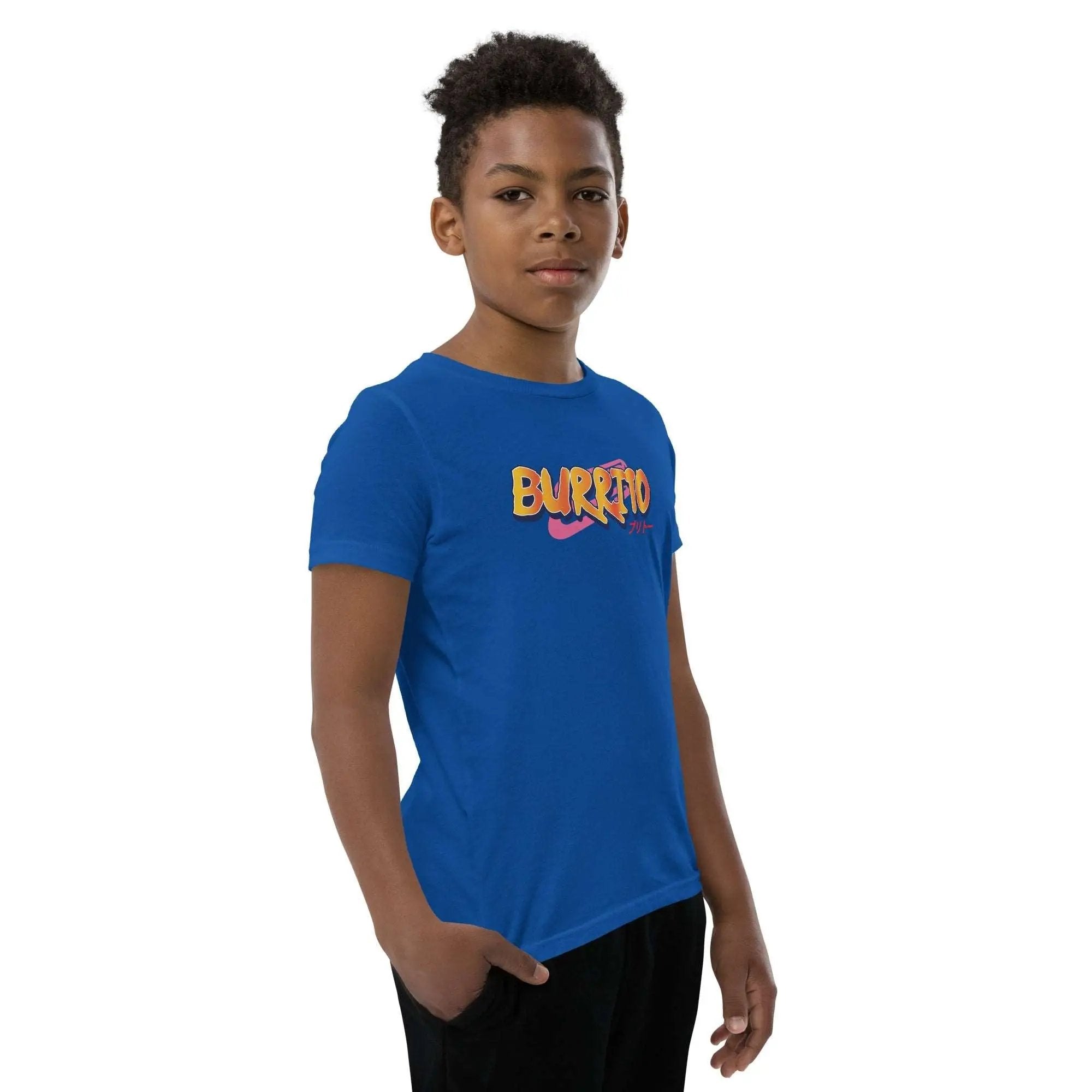 a young boy wearing a blue t - shirt with the word butter on it