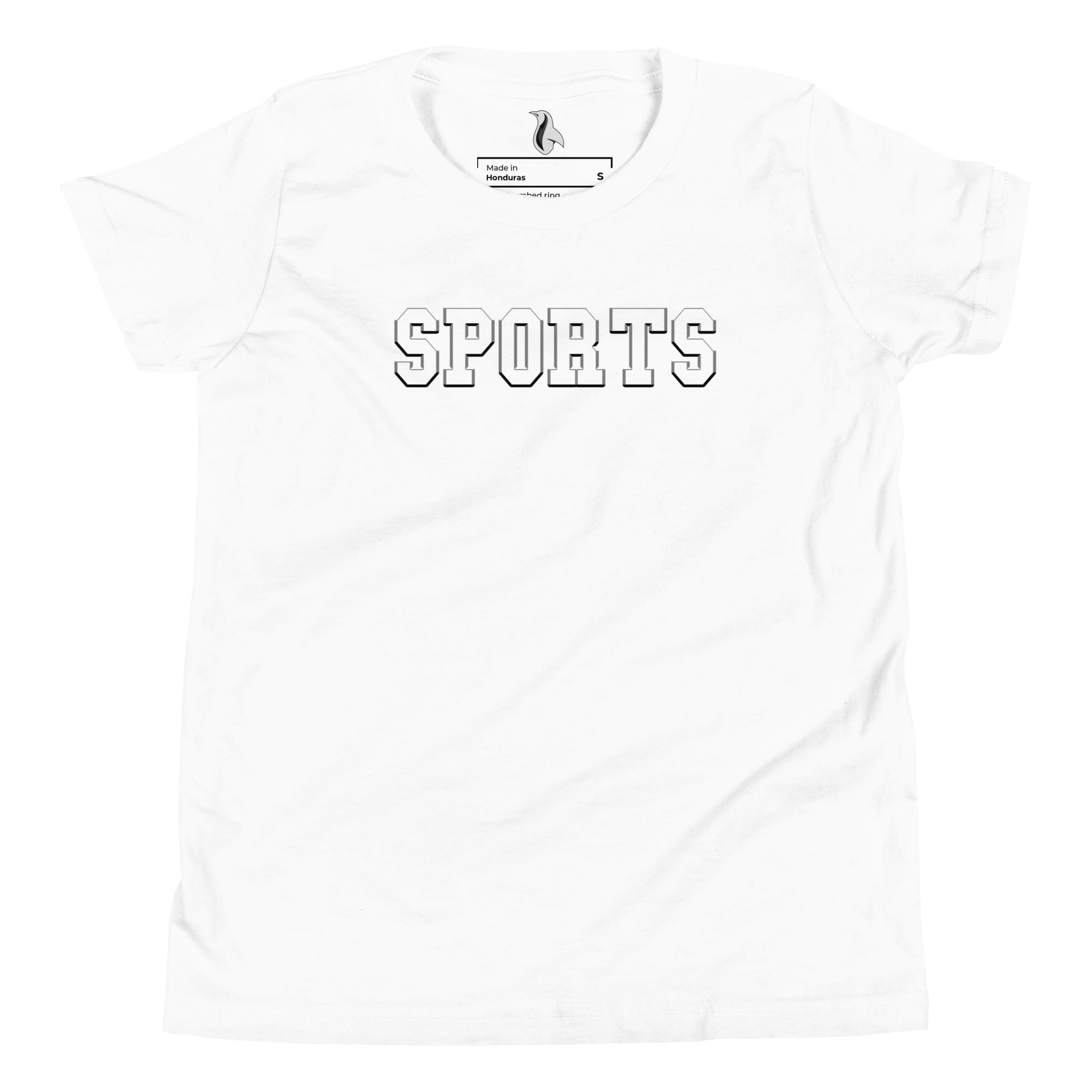 a white t - shirt with the word sports printed on it