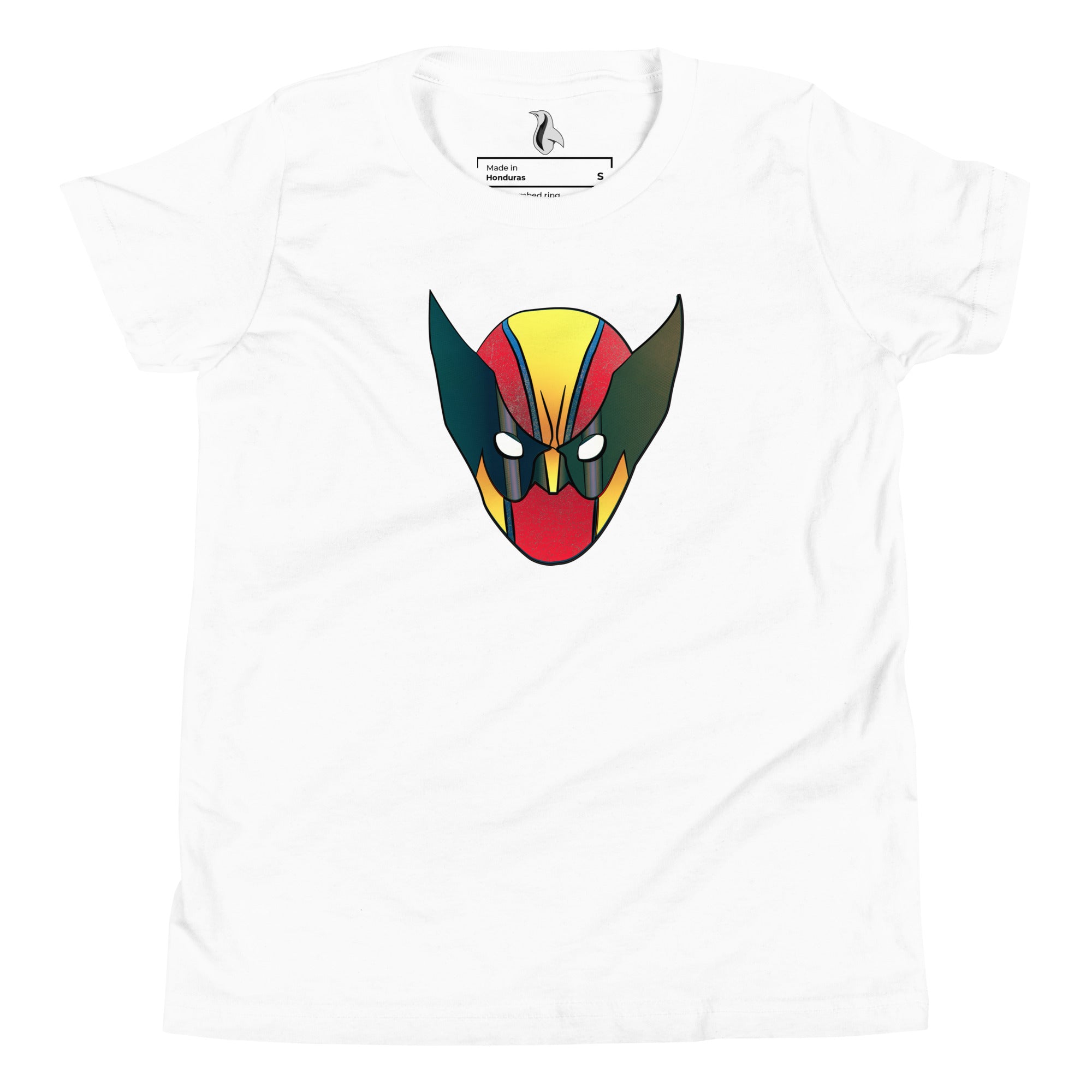 a white t - shirt with a red, yellow and green mask on it