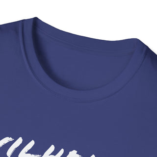 Close-up of a navy blue unisex T-shirt with a round neckline, made from soft cotton fabric, featuring white graphic text design.