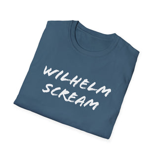 Back view of the unisex Wilhelm Scream T-Shirt in blue, displaying the smooth fabric and clean stitching around the collar.