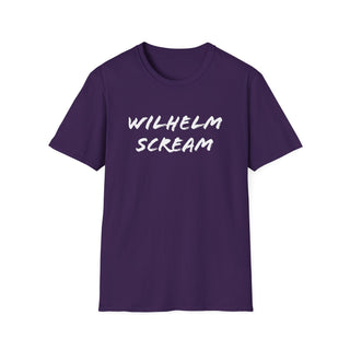 Dark purple unisex T-shirt with 'Wilhelm Scream' text in white, made from soft cotton, casual fit, SKU: 31168939002451551495